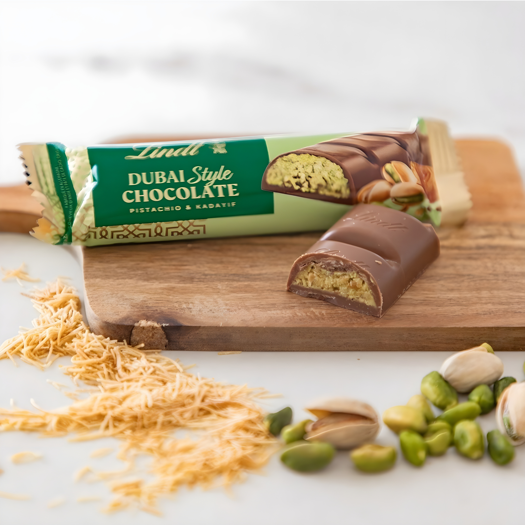 A chocolate bar labeled "Dubai Style" with pistachio and kadayif filling is on a wooden board. Pistachios and kadayif strands are scattered nearby.