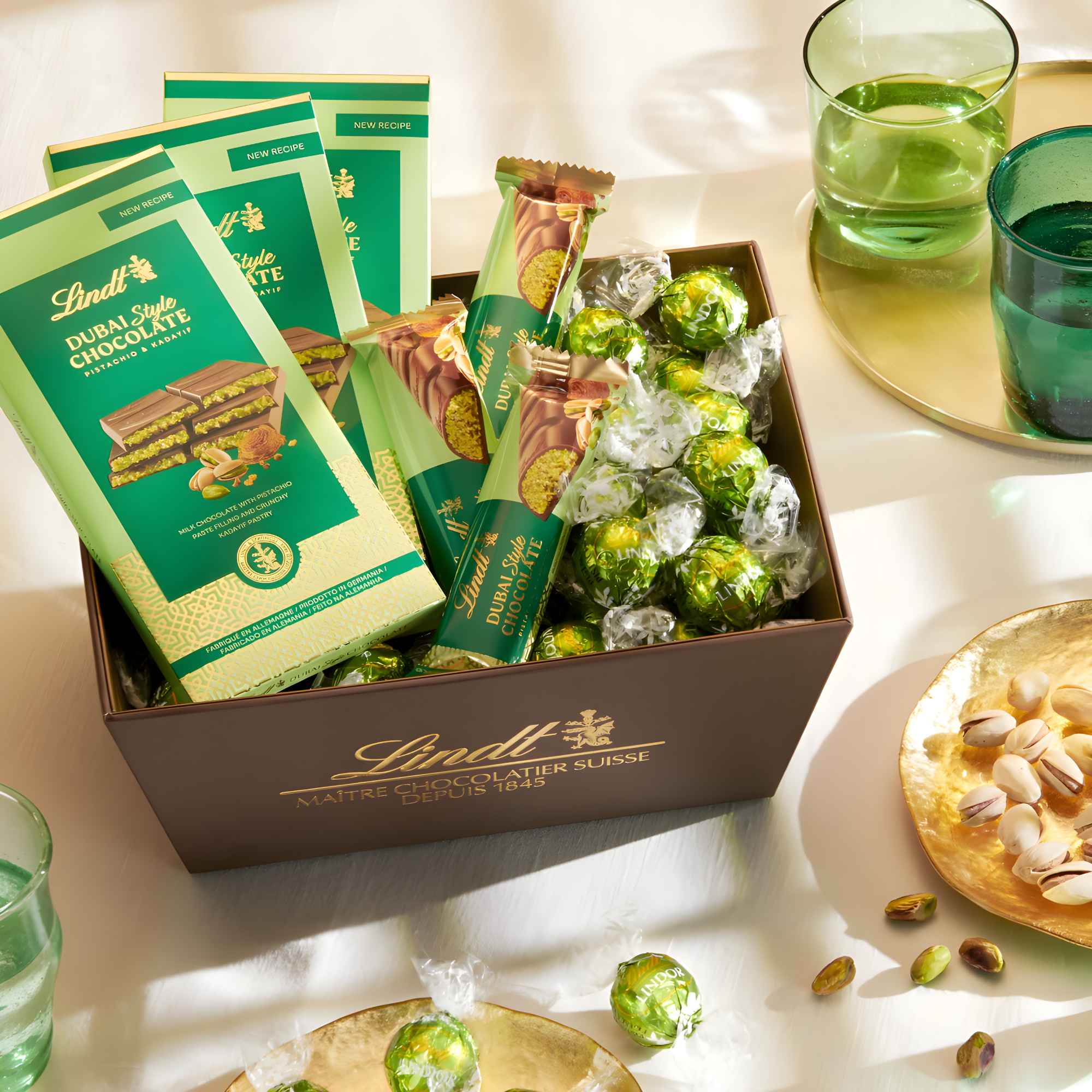 A box of Lindt Dubai Style Chocolate includes green-wrapped truffles and chocolate bars on a table, surrounded by green glasses and pistachios.