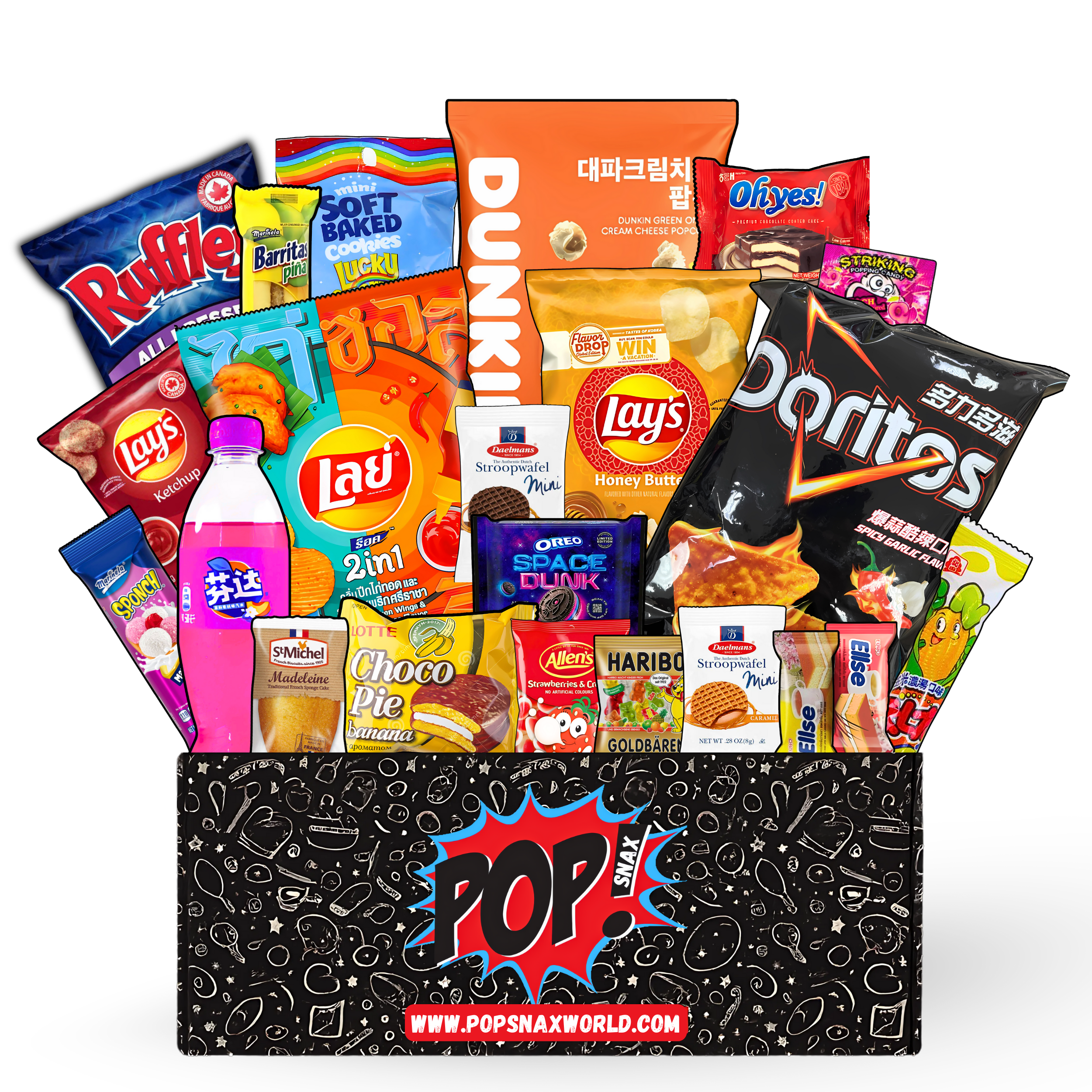 The Main Character, an assorted mystery snack box with popular brands including Lay's, Doritos, and Ruffles on a white background. International snack box filled with rare foreign snacks and limited edition treats from major snack brands. Asian snacks, mexican snacks, american snacks, indian snacks, canadian snacks. 