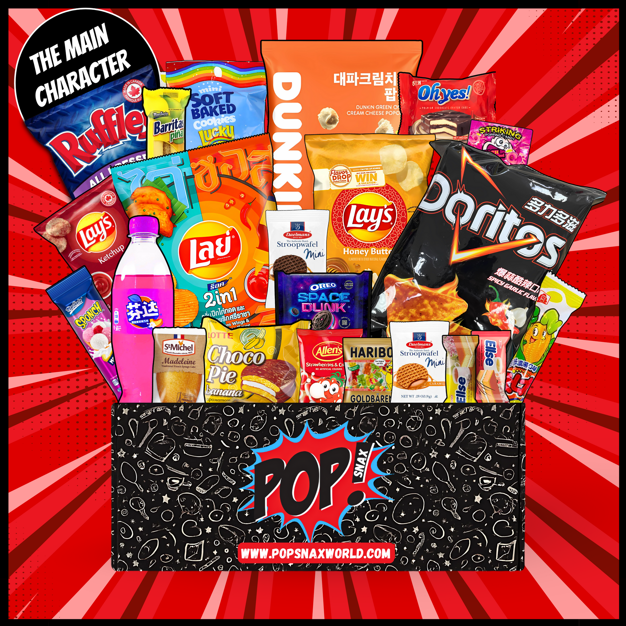 Assorted snack packages in a box with a red background. The Main Character, an assorted mystery snack box with popular brands including Lay's, Doritos, and Ruffles on a white background. International snack box filled with rare foreign snacks and limited edition treats from major snack brands. Asian snacks, mexican snacks, american snacks, indian snacks, canadian snacks. 