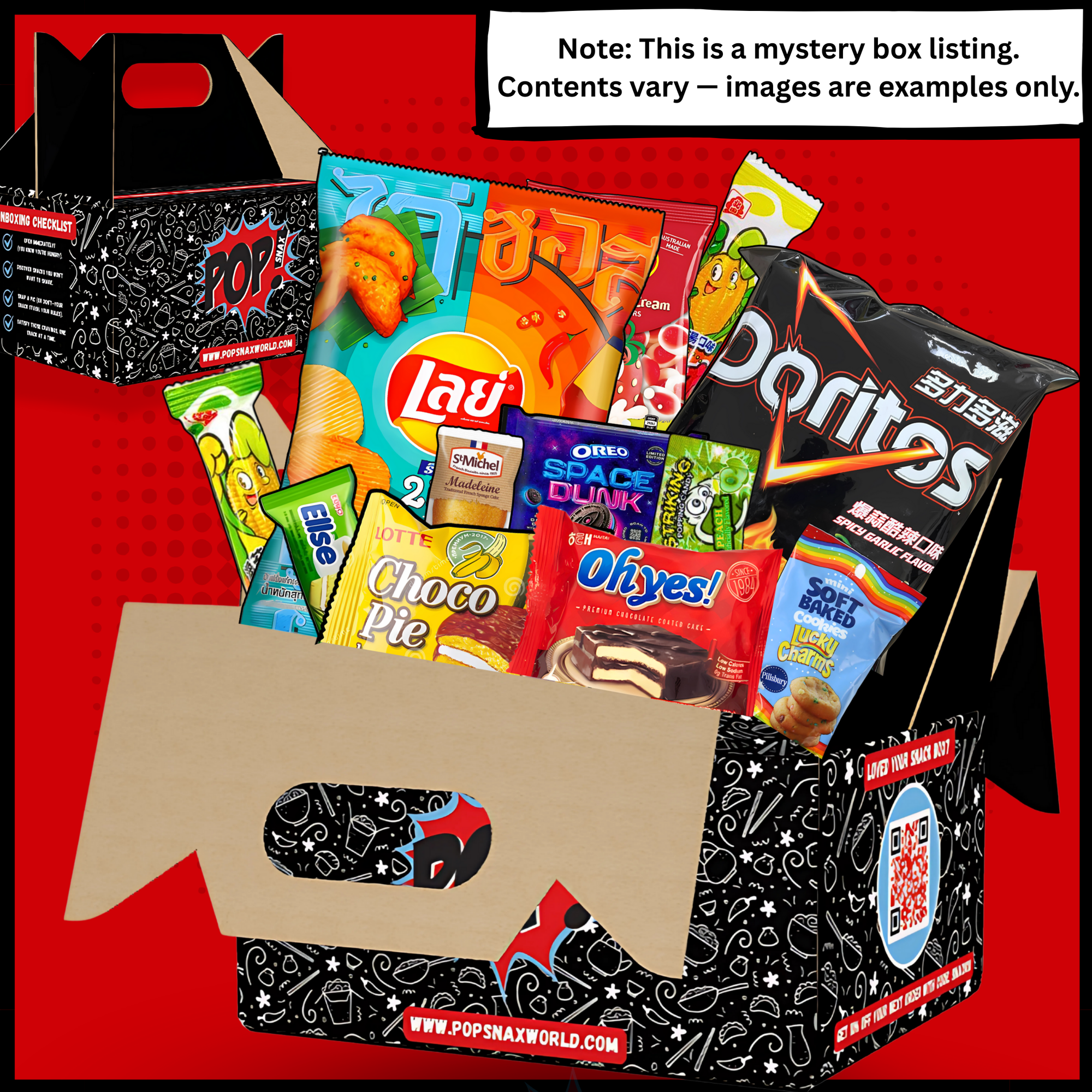 Global mystery snack box with various snack packages on a red background. The Main Character, an assorted mystery snack box with popular brands including Lay's, Doritos, and Ruffles on a white background. International snack box filled with rare foreign snacks and limited edition treats from major snack brands. Asian snacks, mexican snacks, american snacks, indian snacks, canadian snacks. 