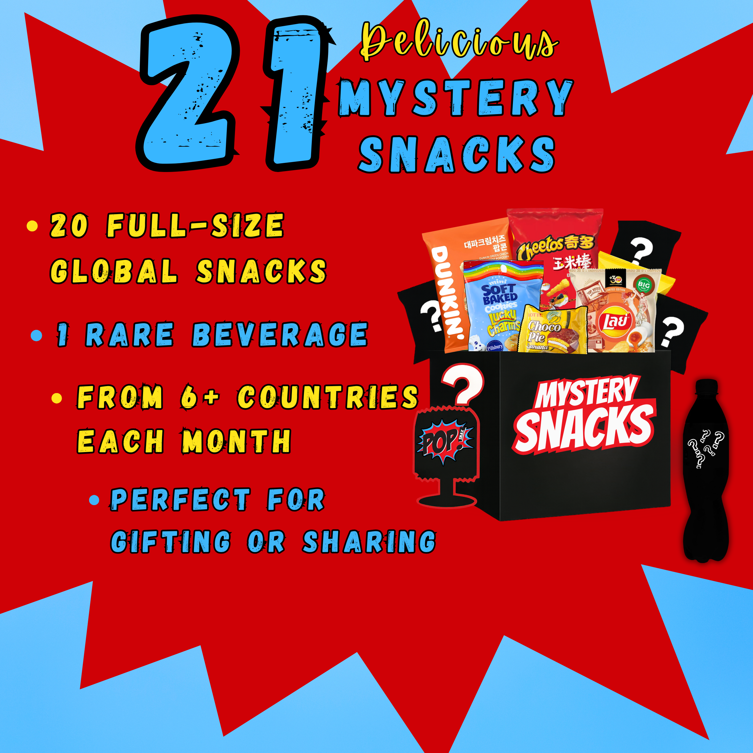 Promotional graphic for a mystery snack box with text and snack packages on a red and blue background. The Main Character, an assorted mystery snack box with popular brands including Lay's, Doritos, and Ruffles on a white background. International snack box filled with rare foreign snacks and limited edition treats from major snack brands. Asian snacks, mexican snacks, american snacks, indian snacks, canadian snacks. 