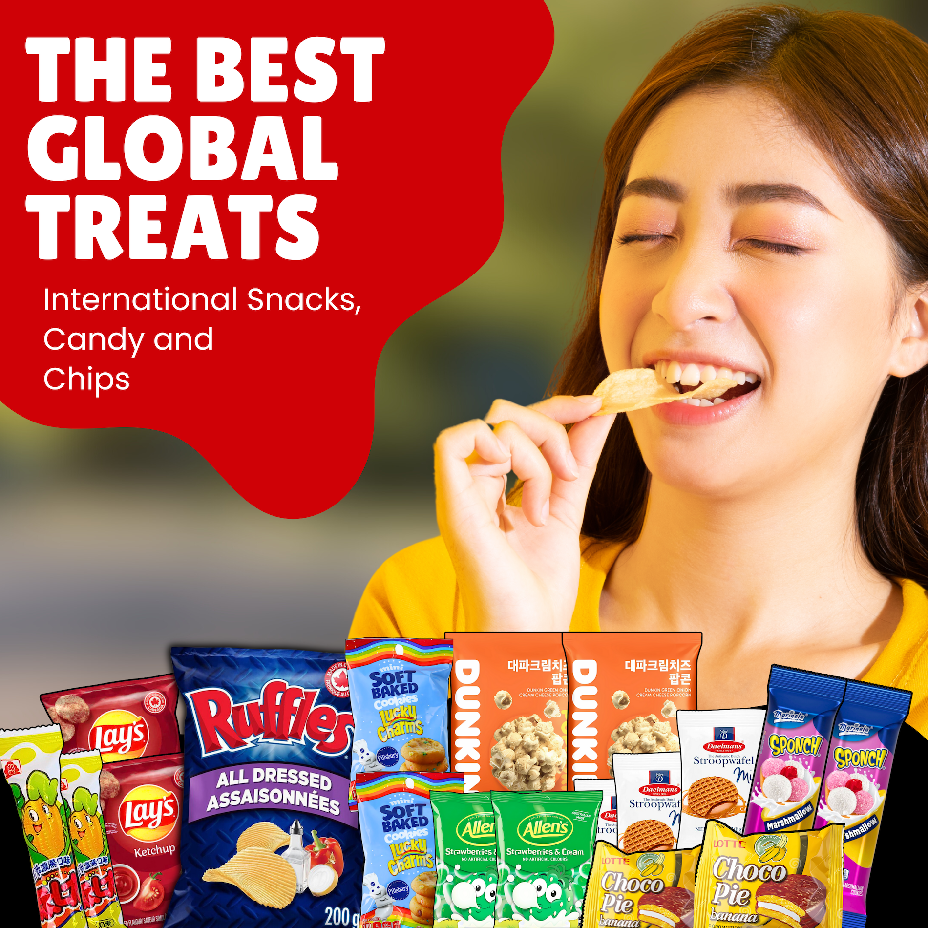 Woman eating a snack with various snack packages displayed below, featuring international brands for the global mystery snack box offering from Pop Snax. The Main Character, an assorted mystery snack box with popular brands including Lay's, Doritos, and Ruffles on a white background. International snack box filled with rare foreign snacks and limited edition treats from major snack brands. Asian snacks, mexican snacks, american snacks, indian snacks, canadian snacks. 