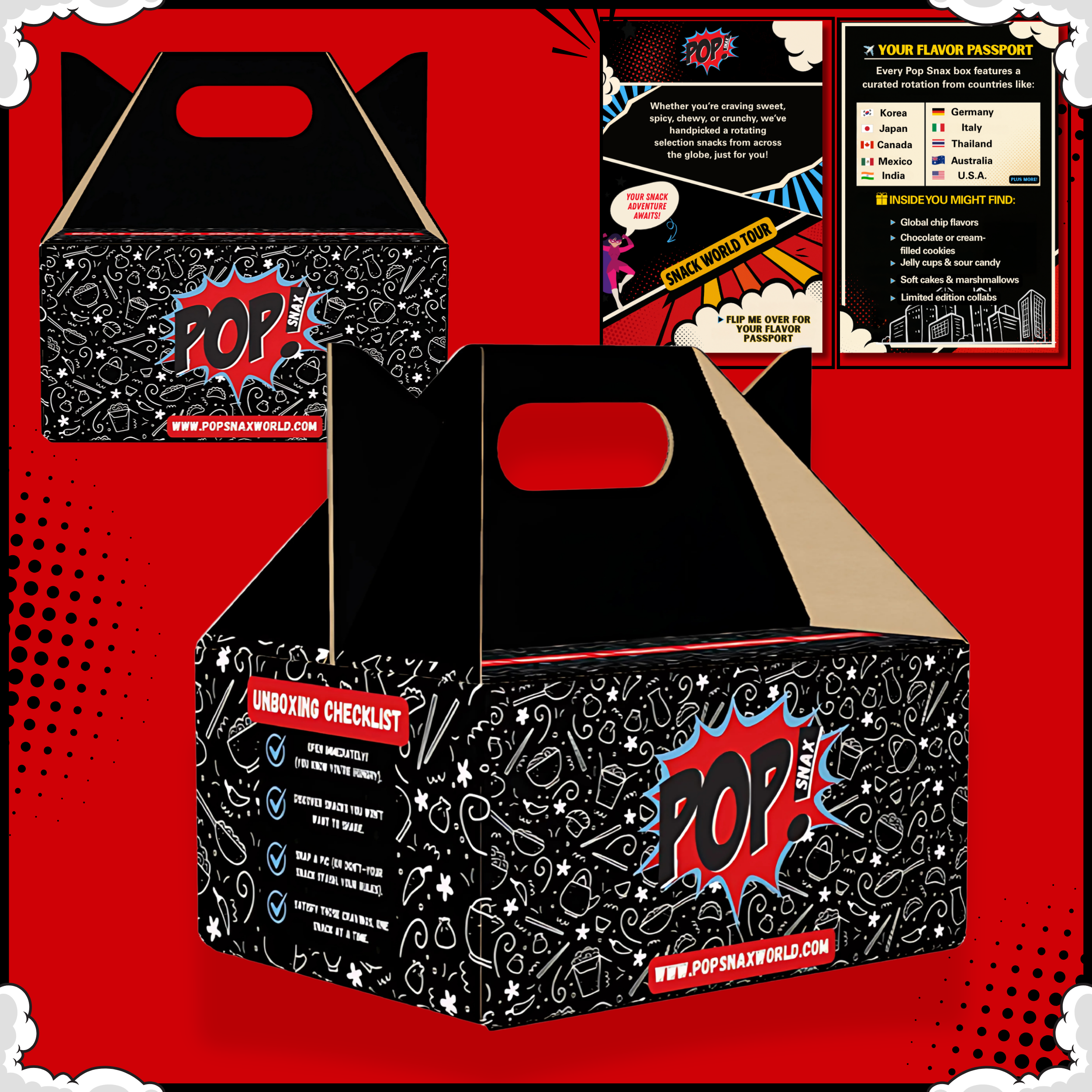 Pop! World packaging with black and red design on a red background. The Main Character, an assorted mystery snack box with popular brands including Lay's, Doritos, and Ruffles on a white background. International snack box filled with rare foreign snacks and limited edition treats from major snack brands. Asian snacks, mexican snacks, american snacks, indian snacks, canadian snacks. 