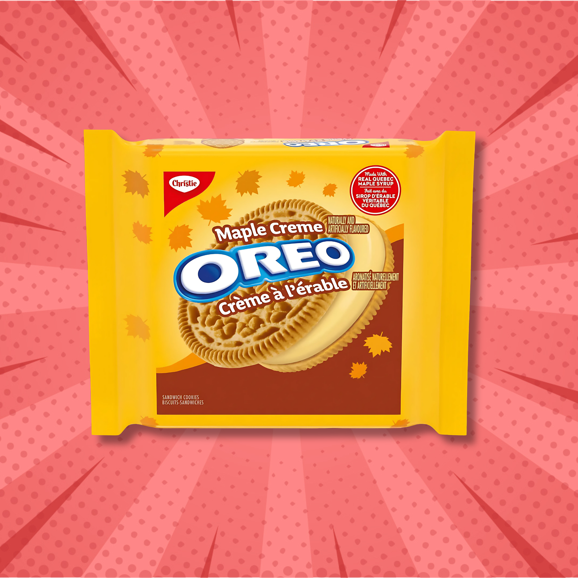 Front view of Maple Crème Oreos package with bold maple syrup flavor callout, set against a bright red comic-style burst background.