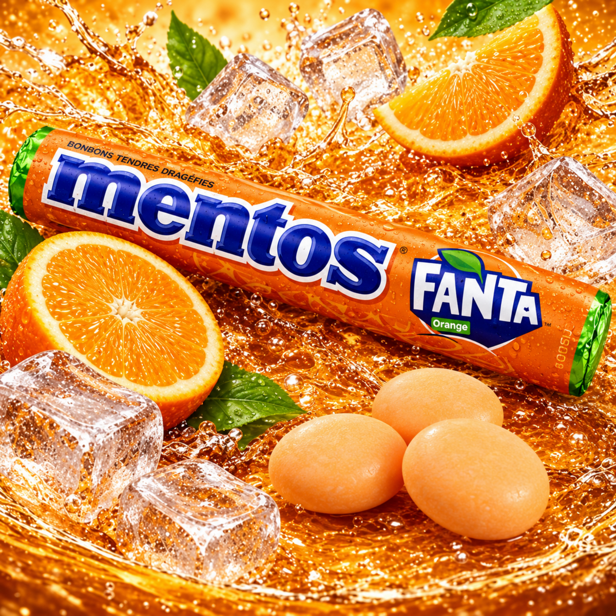 Mentos Fanta Orange roll and candies surrounded by orange slices and ice
