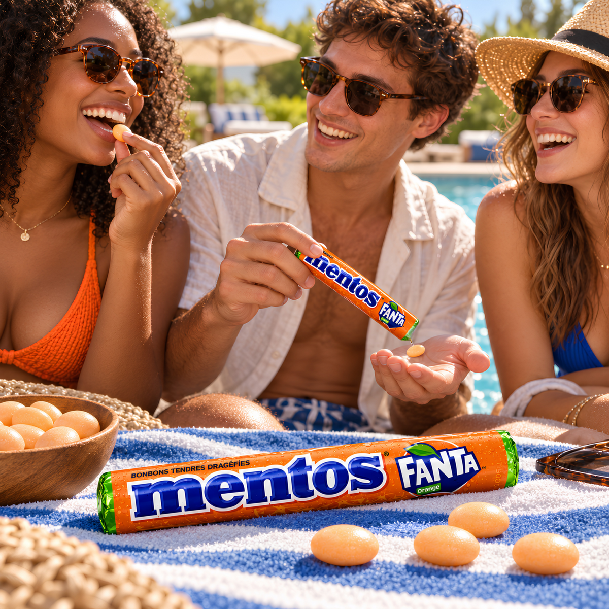 Friends sharing Mentos Fanta Orange candy outdoors
