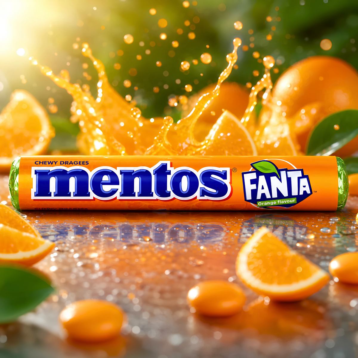 Mentos Fanta Orange roll with orange slices and a splash backdrop