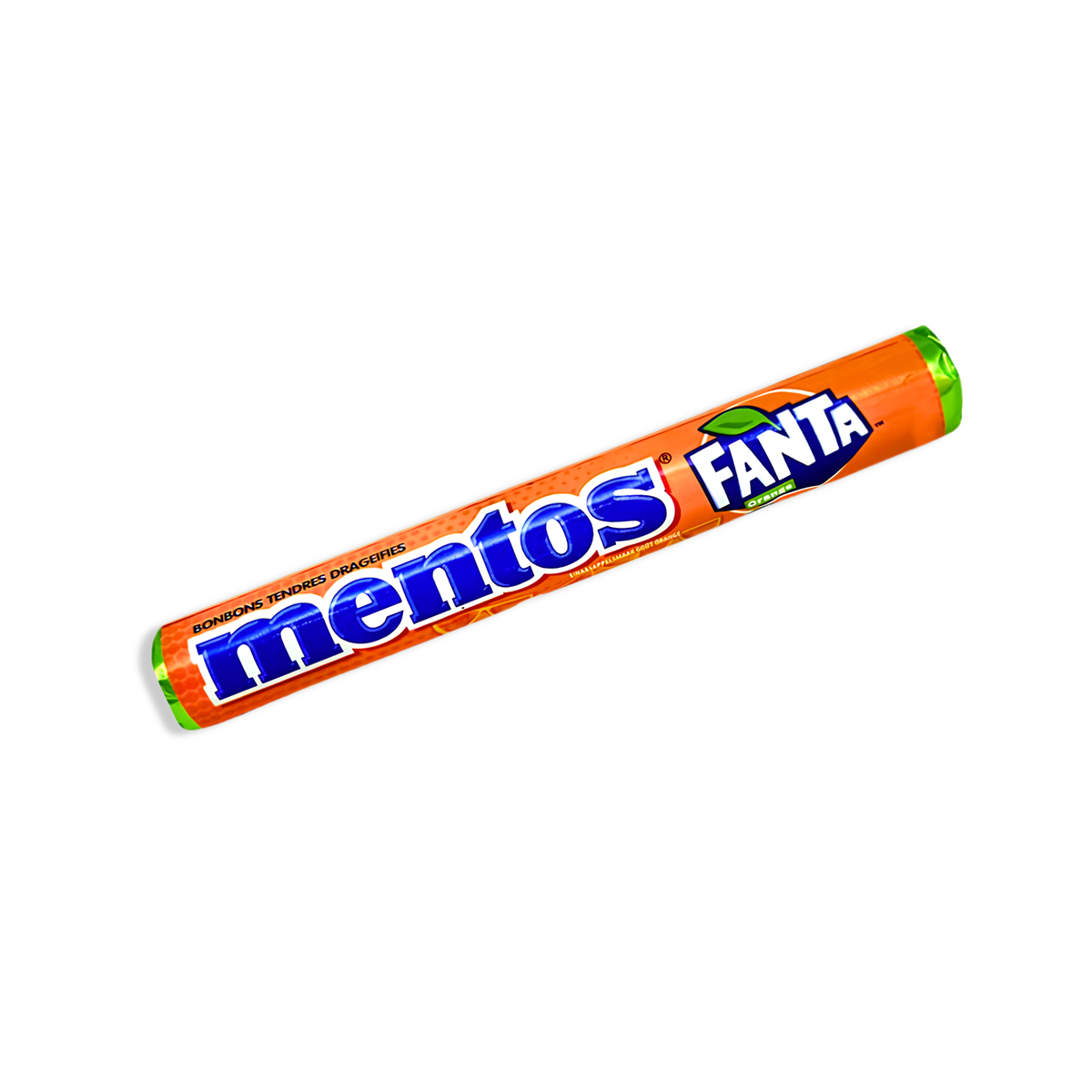 Mentos Fanta Orange candy roll on a white background