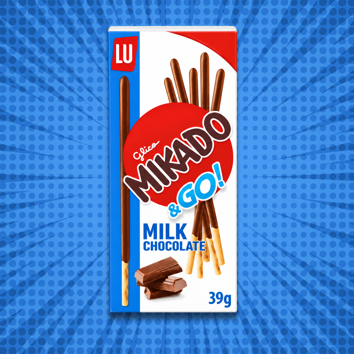 LU Mikado & Go! milk chocolate biscuit sticks 39g box on a blue graphic background