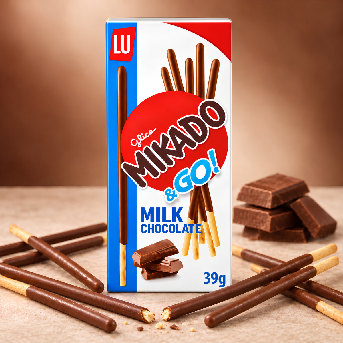 Mikado milk chocolate biscuit sticks beside their box and chocolate pieces