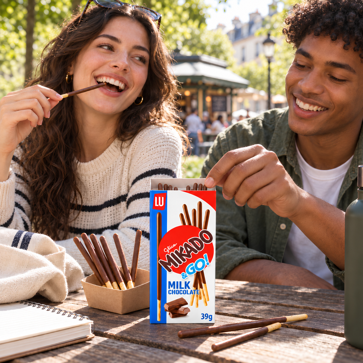 Two friends enjoying Mikado milk chocolate biscuit sticks at an outdoor table