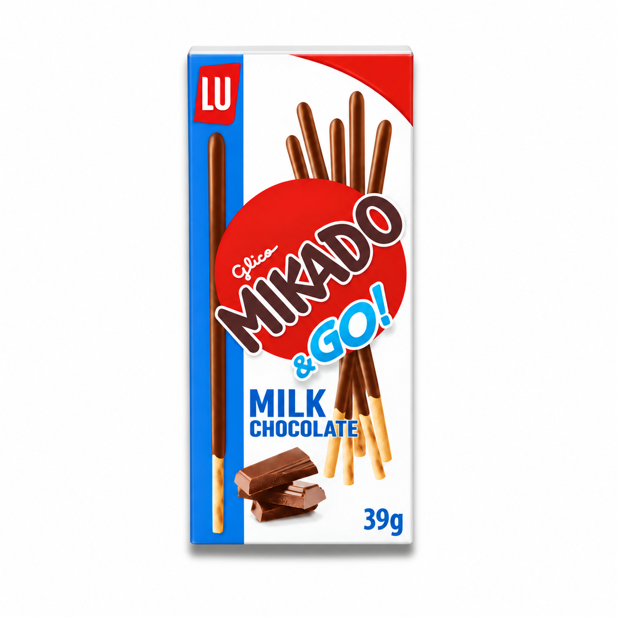 LU Mikado & Go! milk chocolate biscuit sticks box on a white background