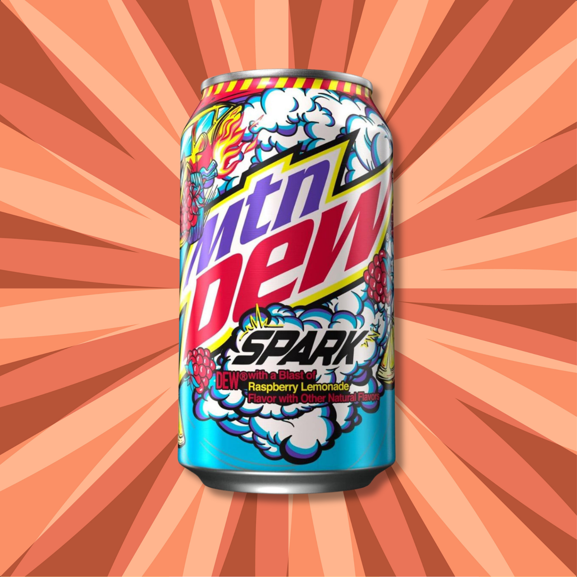 Single Mountain Dew Spark can centered on an orange burst background.
