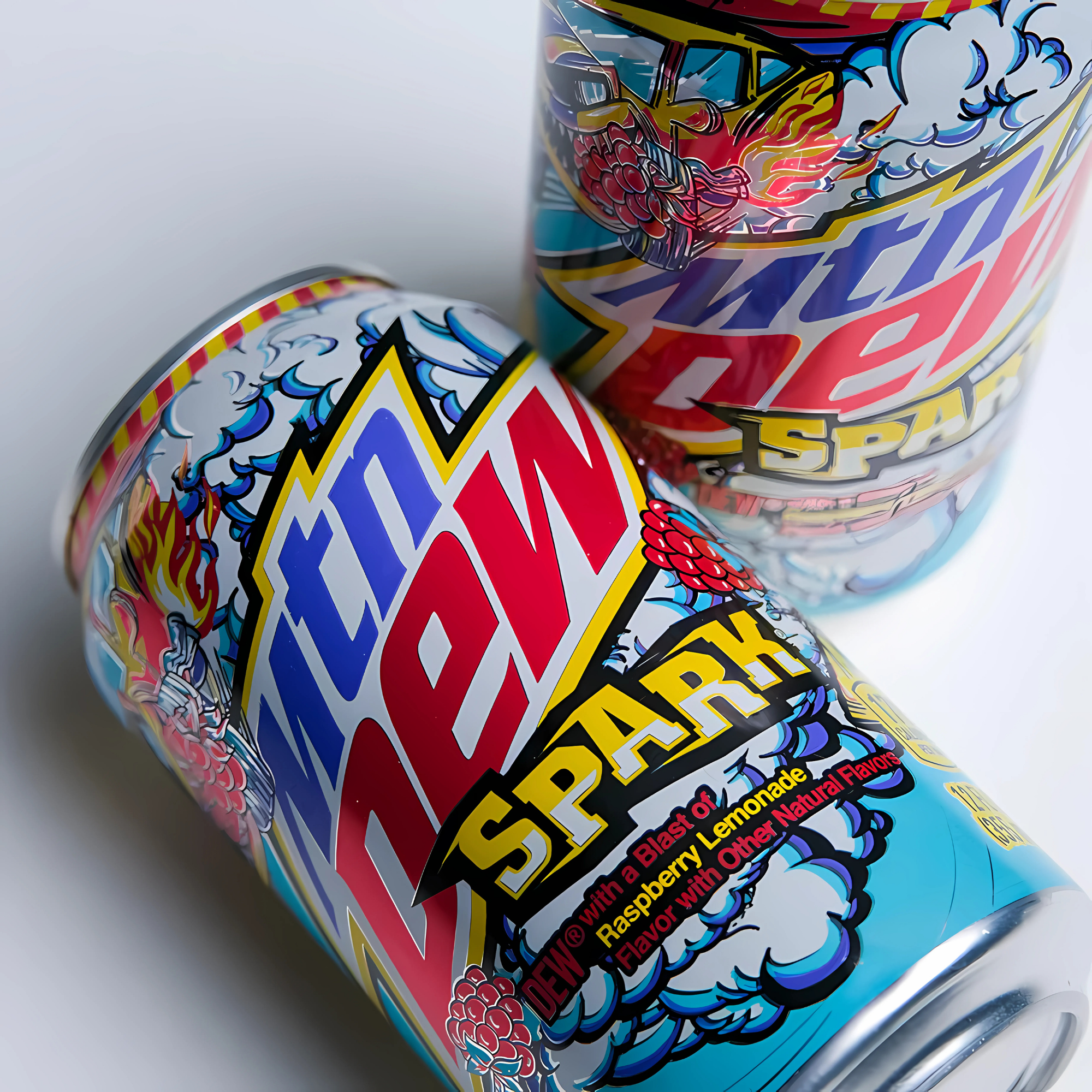 Close-up of vibrant Mountain Dew Spark can with raspberry and lemonade graphics.