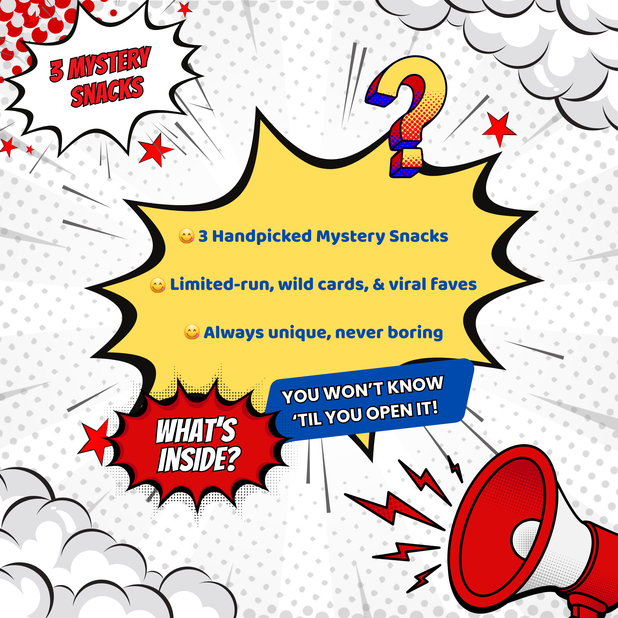Promotional graphic for mystery snacks with a yellow speech bubble and comic book style elements, showcasing the mystery snack offer.