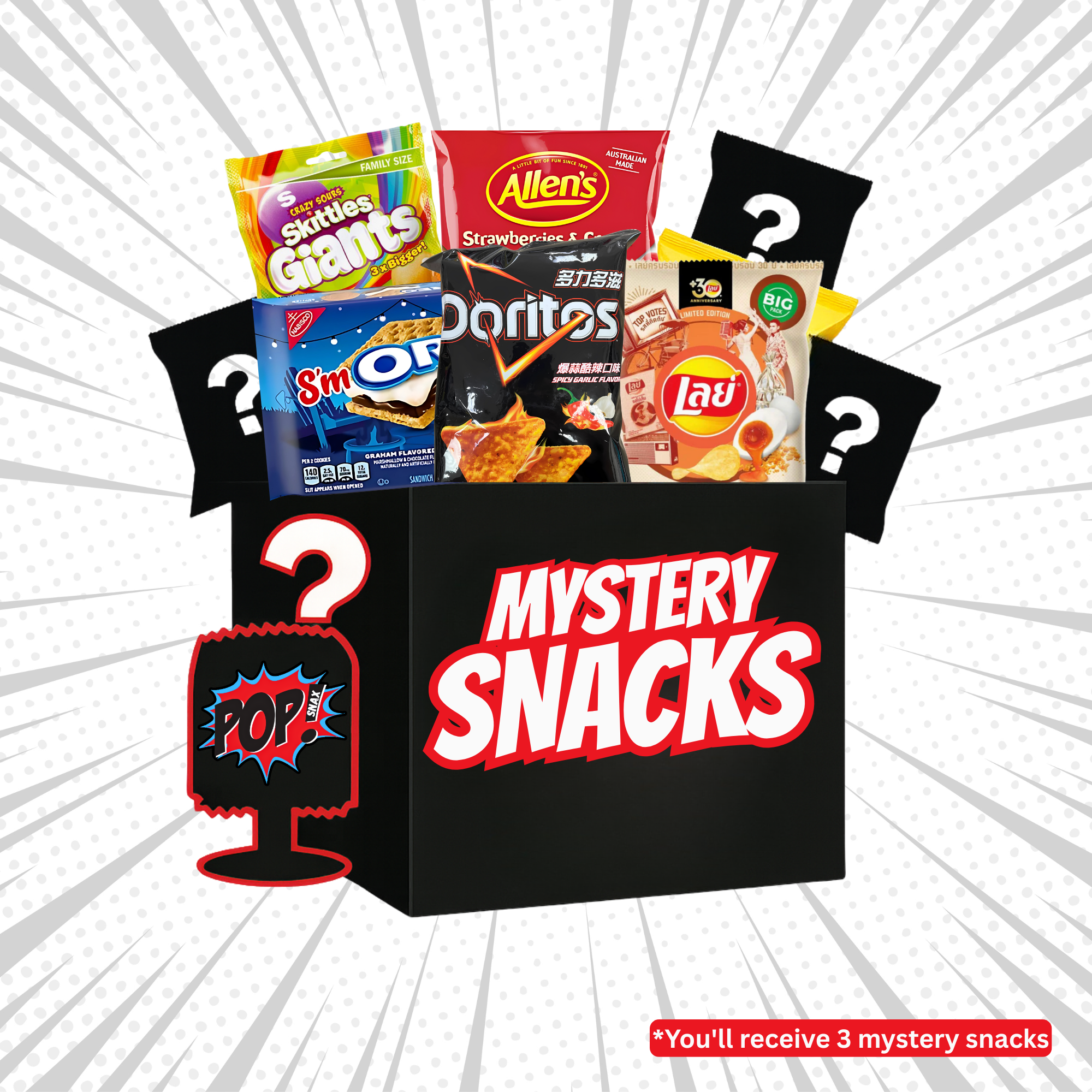Promotional image showing a Pop Snax black box with the label "Mystery Snacks" and assorted international snacks peeking out. Text reads “*You'll receive 3 mystery snacks"