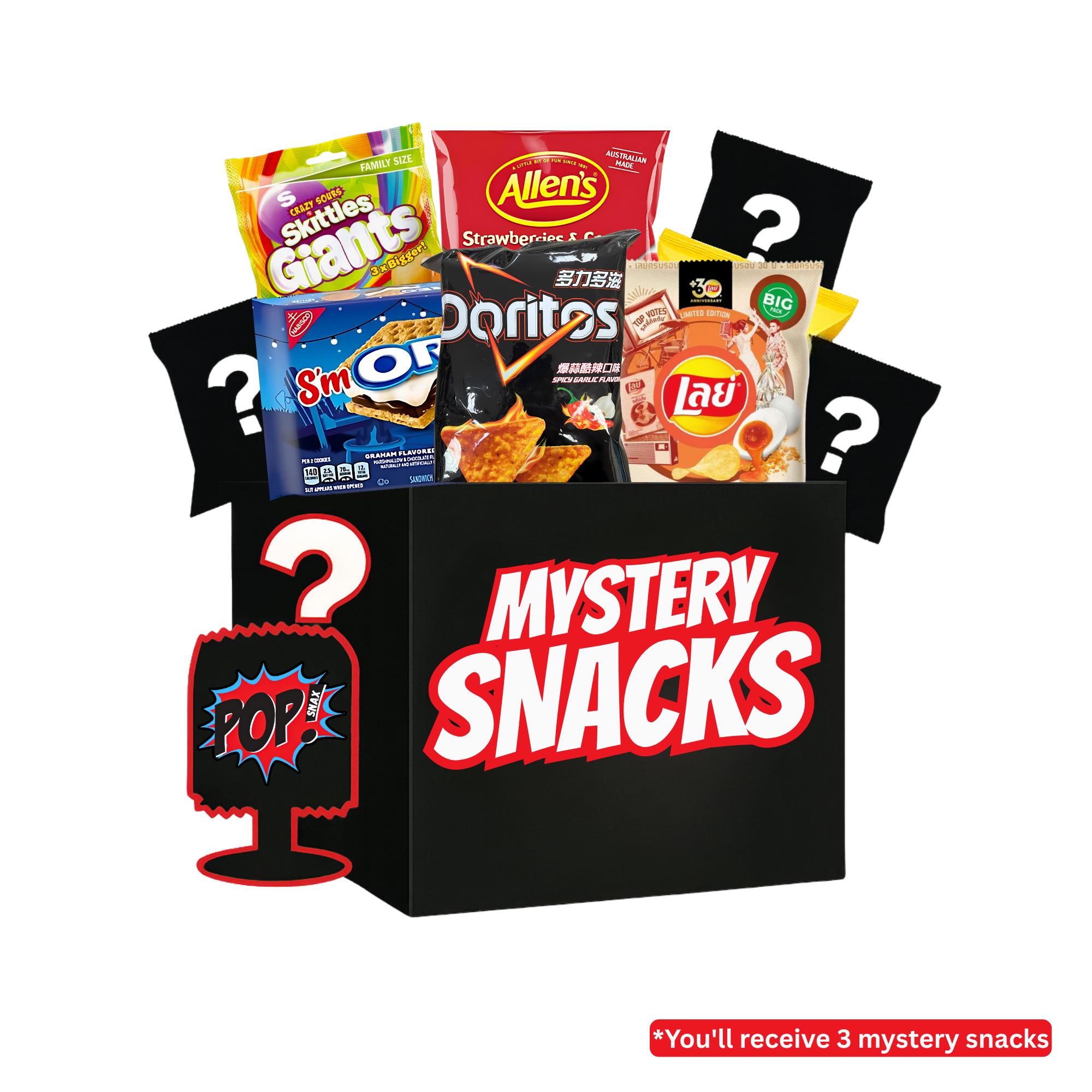 Promotional image showing a Pop Snax black box with the label "Mystery Snacks" and assorted international snacks peeking out. Text reads “*You'll receive 3 mystery snacks" against a solid white background.
