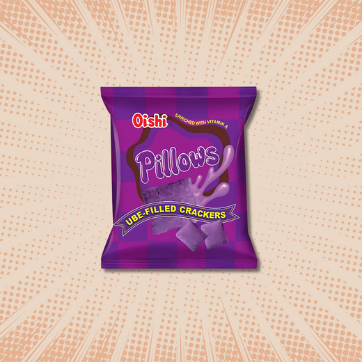 Oishi Pillows Ube-Filled Crackers placed against a retro orange comic-book-style burst background, giving it a bold and nostalgic look.