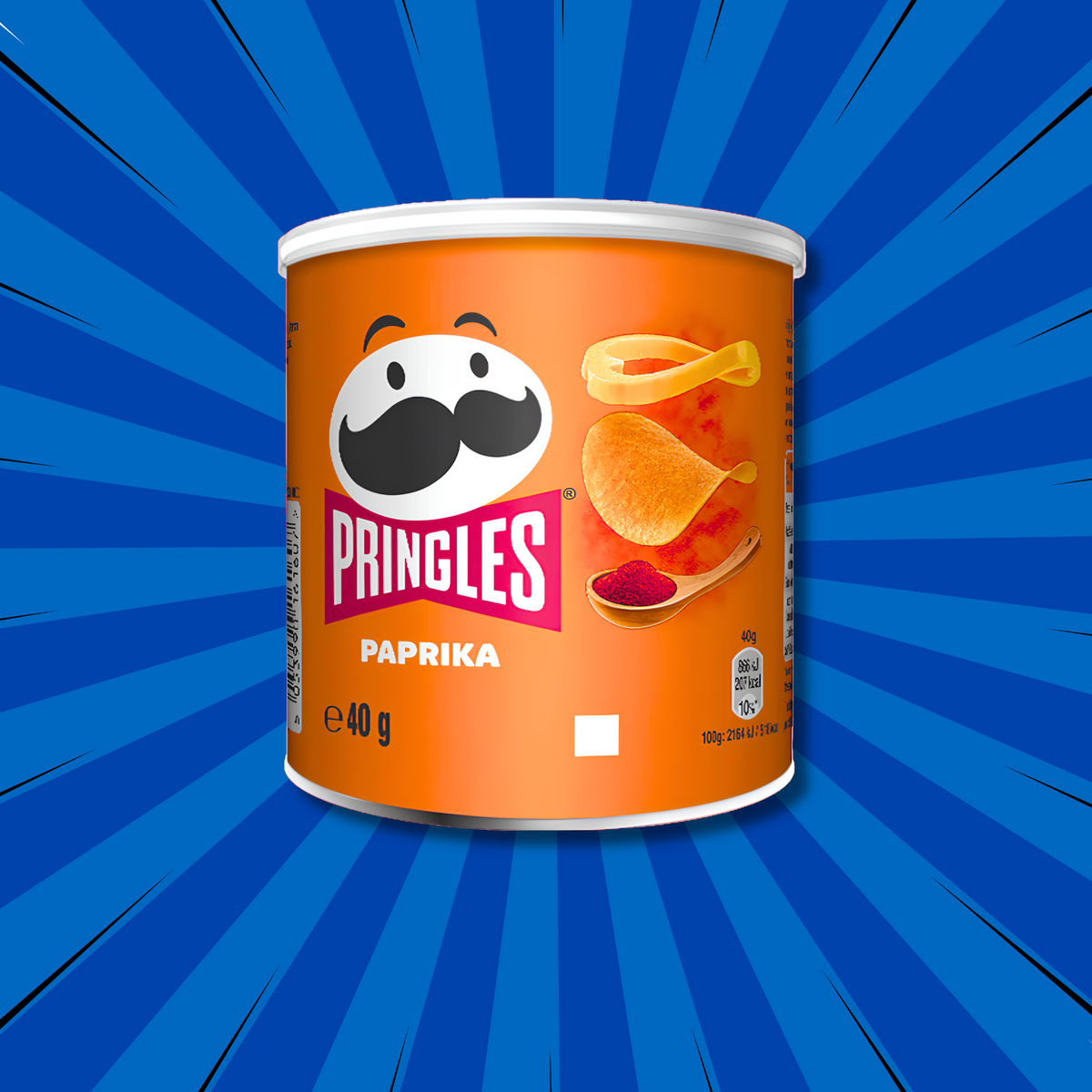 Pringles Paprika 40g mini can on a blue comic burst background