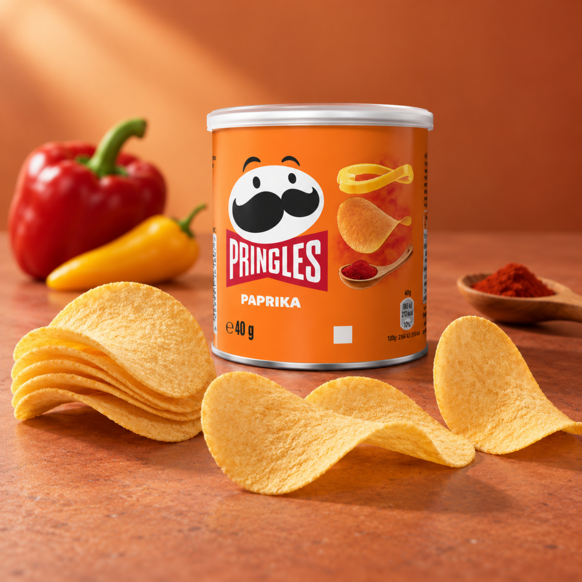 Pringles Paprika mini can with stacked crisps and peppers on an orange surface