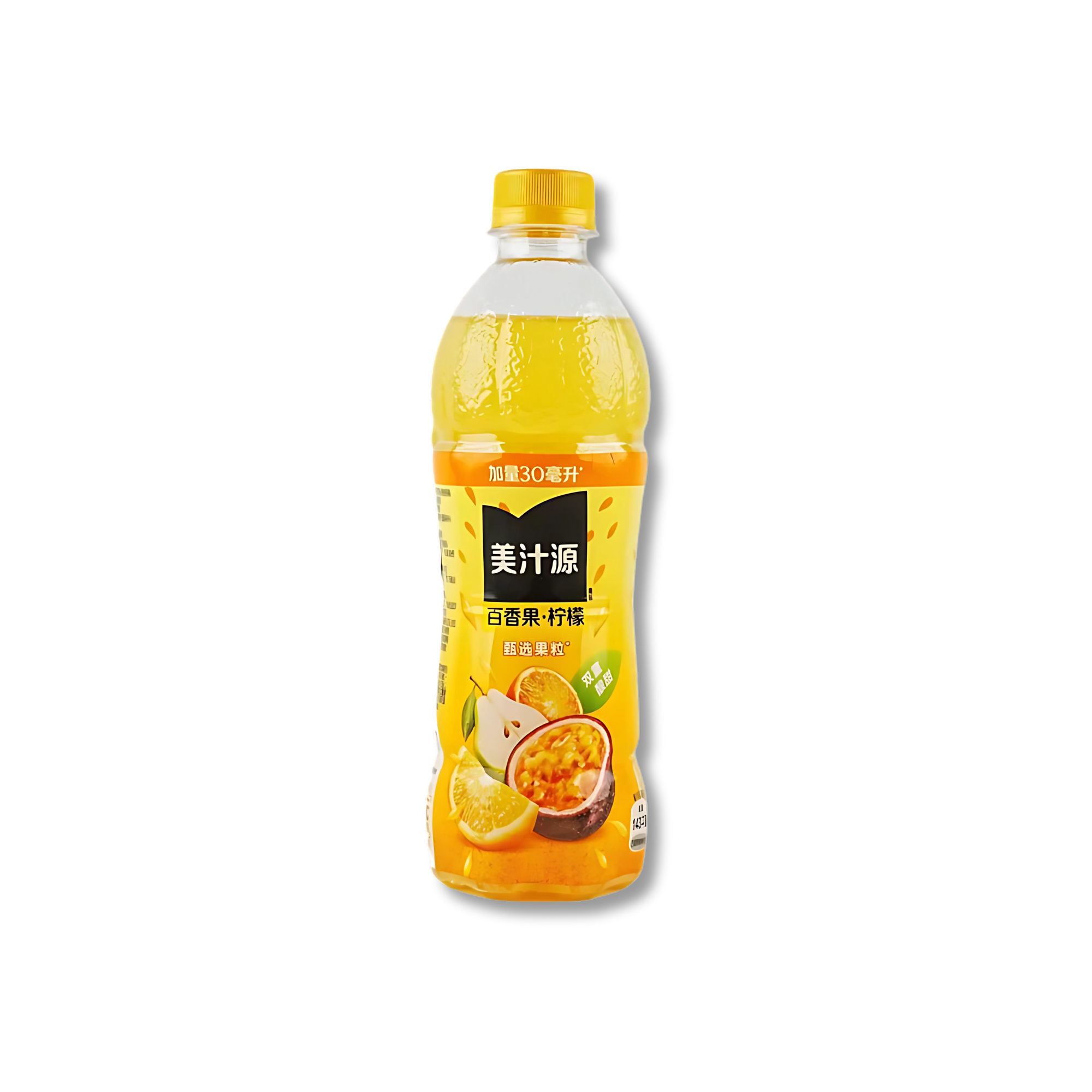 A yellow bottle of Passionfruit and Lemon Asian Minute Maid juice against a white background.