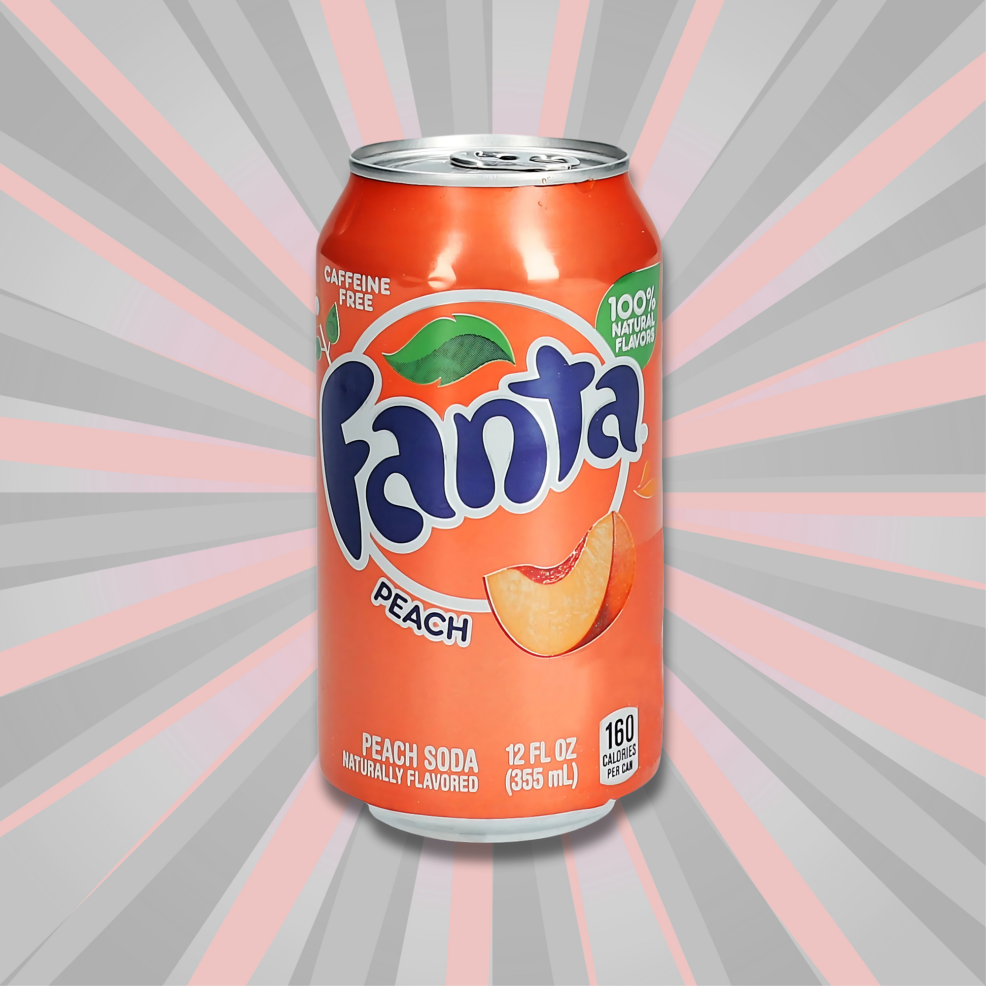 Front-facing image of Peach Fanta soda can with radiant grey and peach burst background.