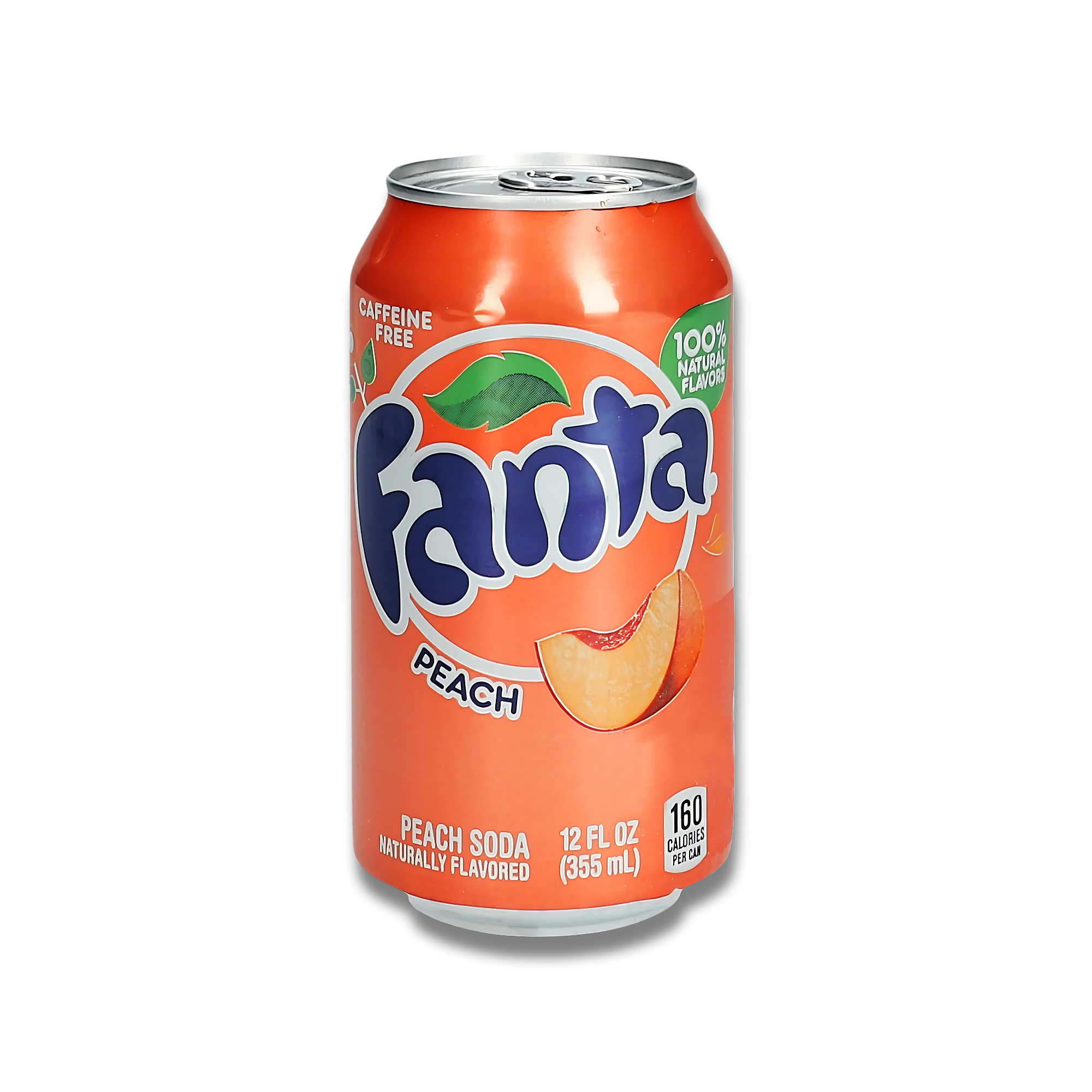 Isolated Peach Fanta can on white background for clean, minimal product showcase.