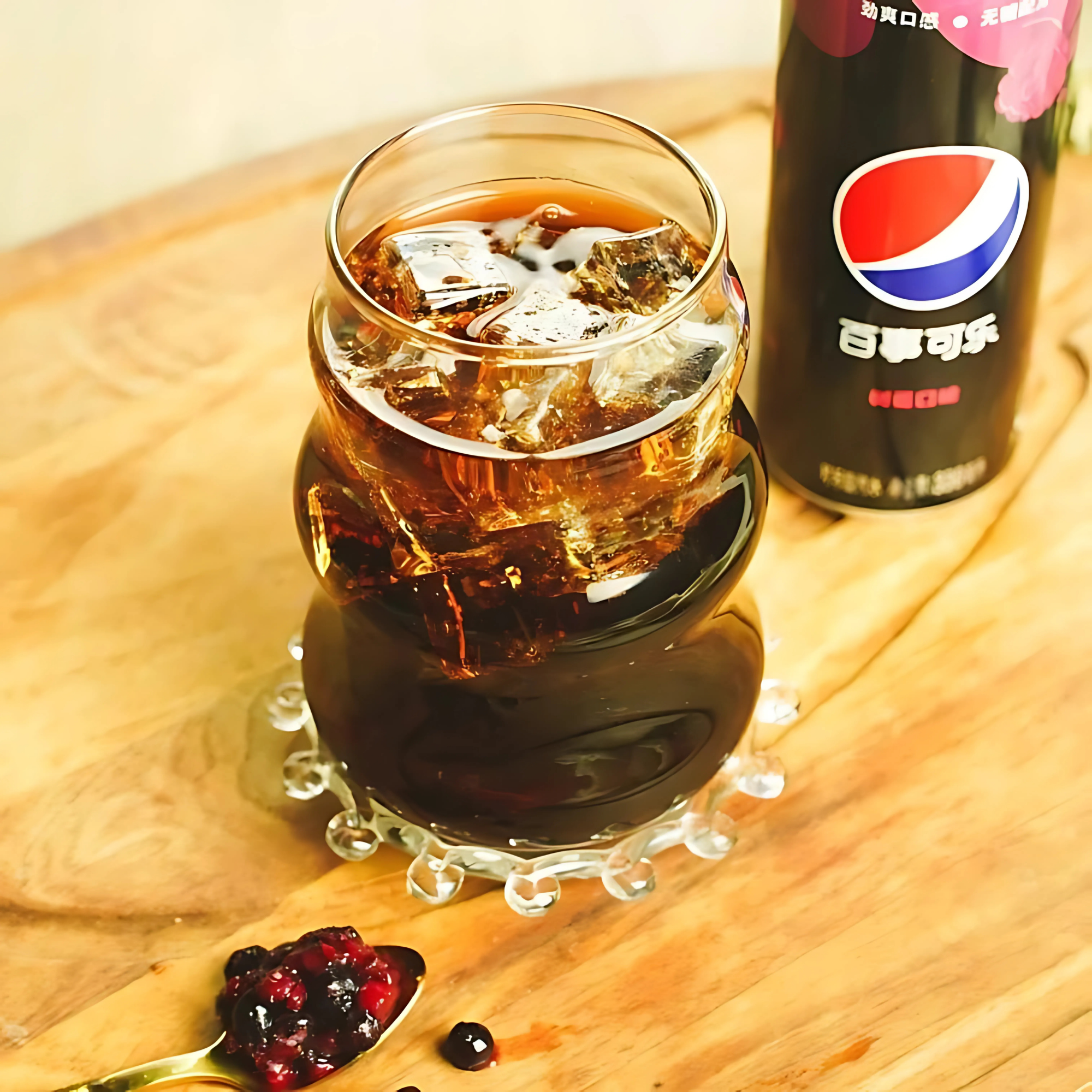 Glass of ice-cold raspberry Pepsi with fruit compote and soda can on wood surface.
