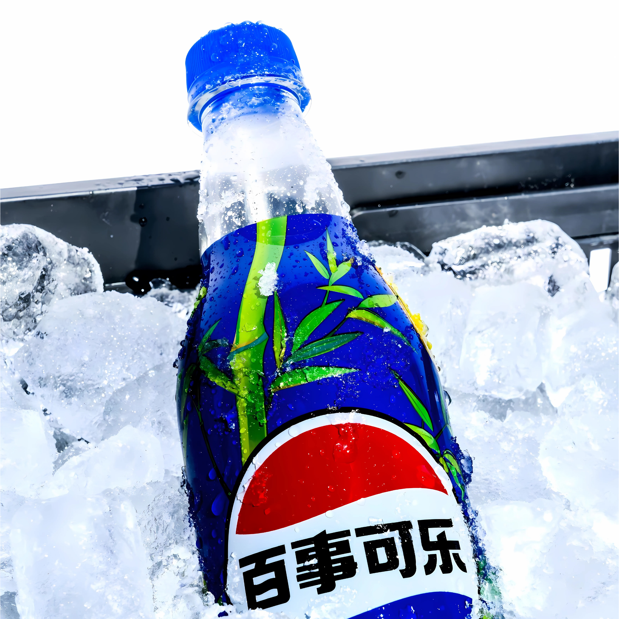 A close-up of a bottle of Pepsi White Grapefruit Green Bamboo Soda nestled in ice.