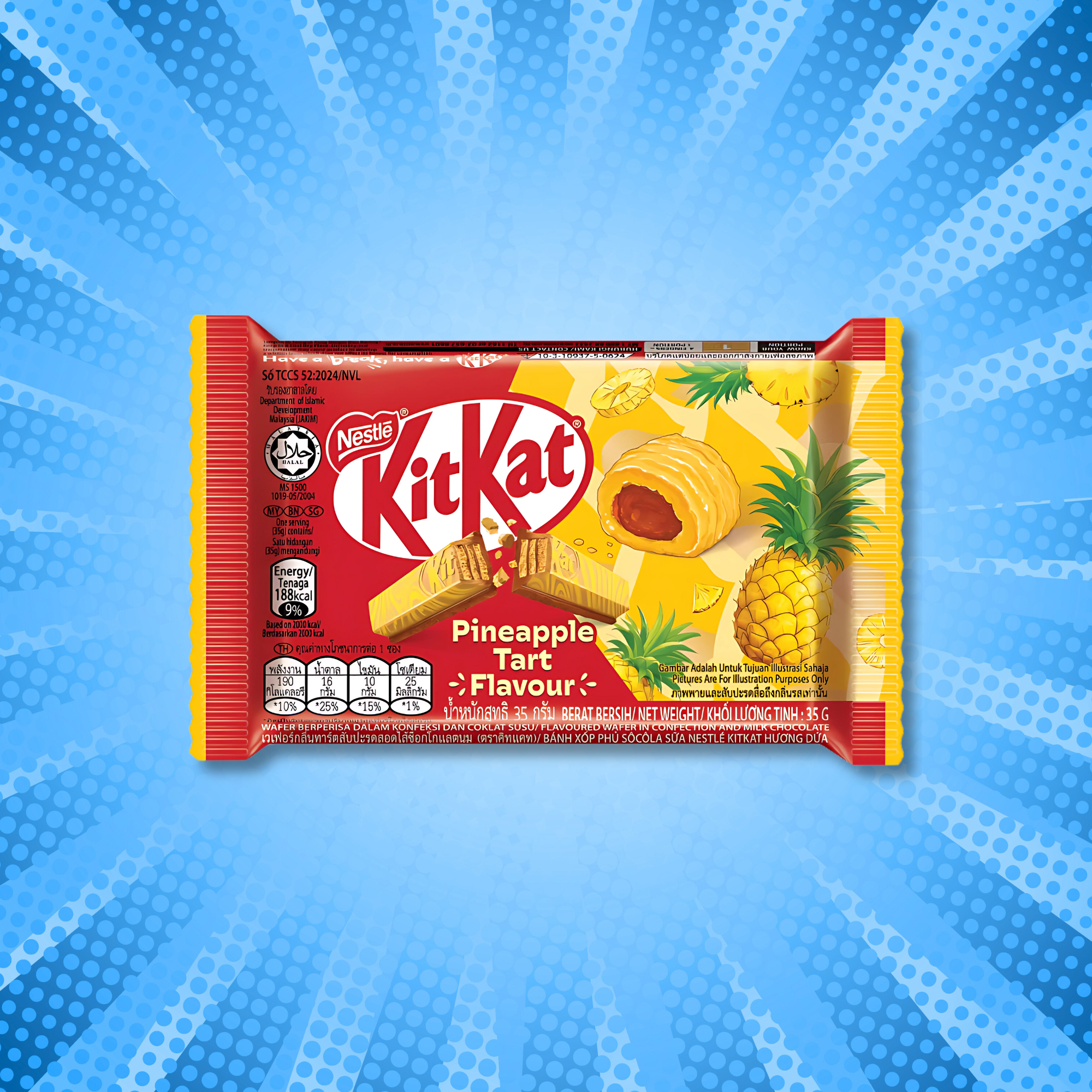KitKat Pineapple Tart bar from Thailand, on a blue comic-style burst background