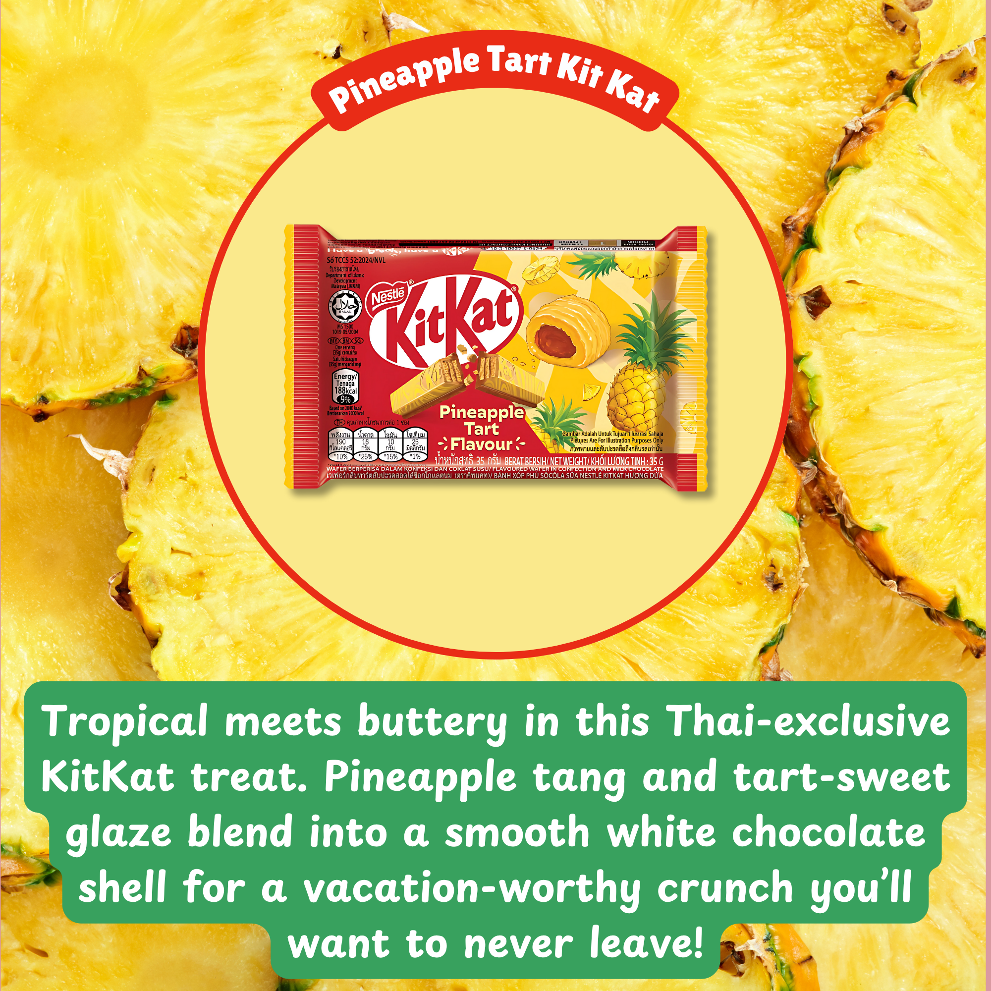 KitKat Pineapple Tart flavor highlighted with a description over a pineapple background