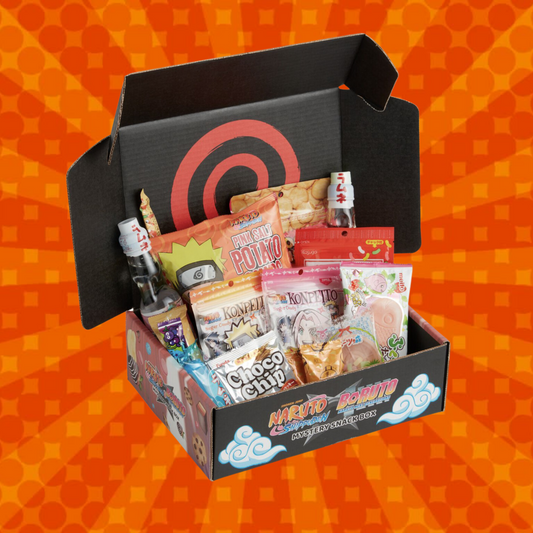 Naruto & Boruto Mystery Snack Box - Open Box featuring Naruto snacks, anime candy, and other treats.