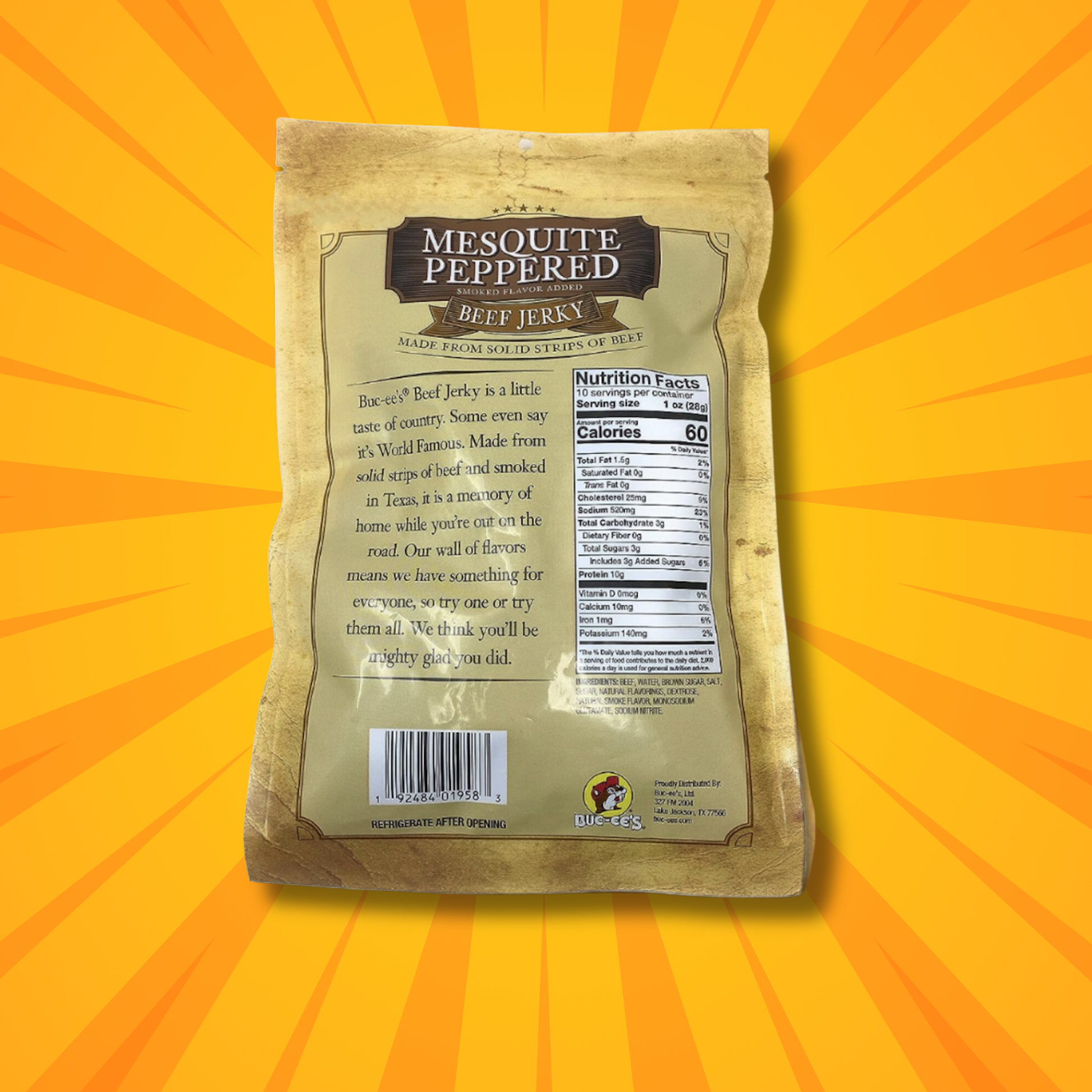 Buc-ee's Beef Jerky - Mesquite Peppered Flavor (Back of Bag with Nutrition Facts)