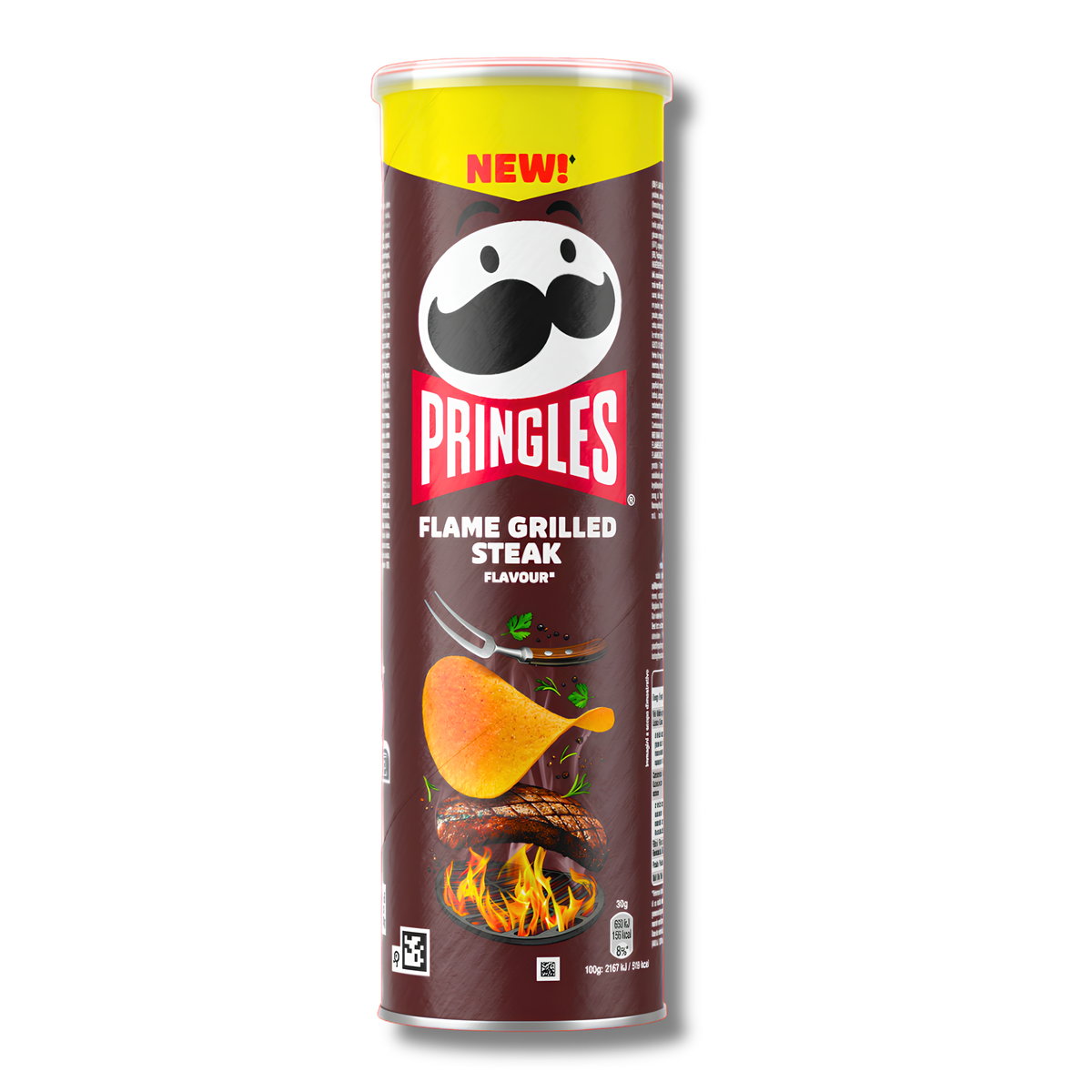 Pringles Flame Grilled Steak tube with a yellow top band and grill artwork on a white background
