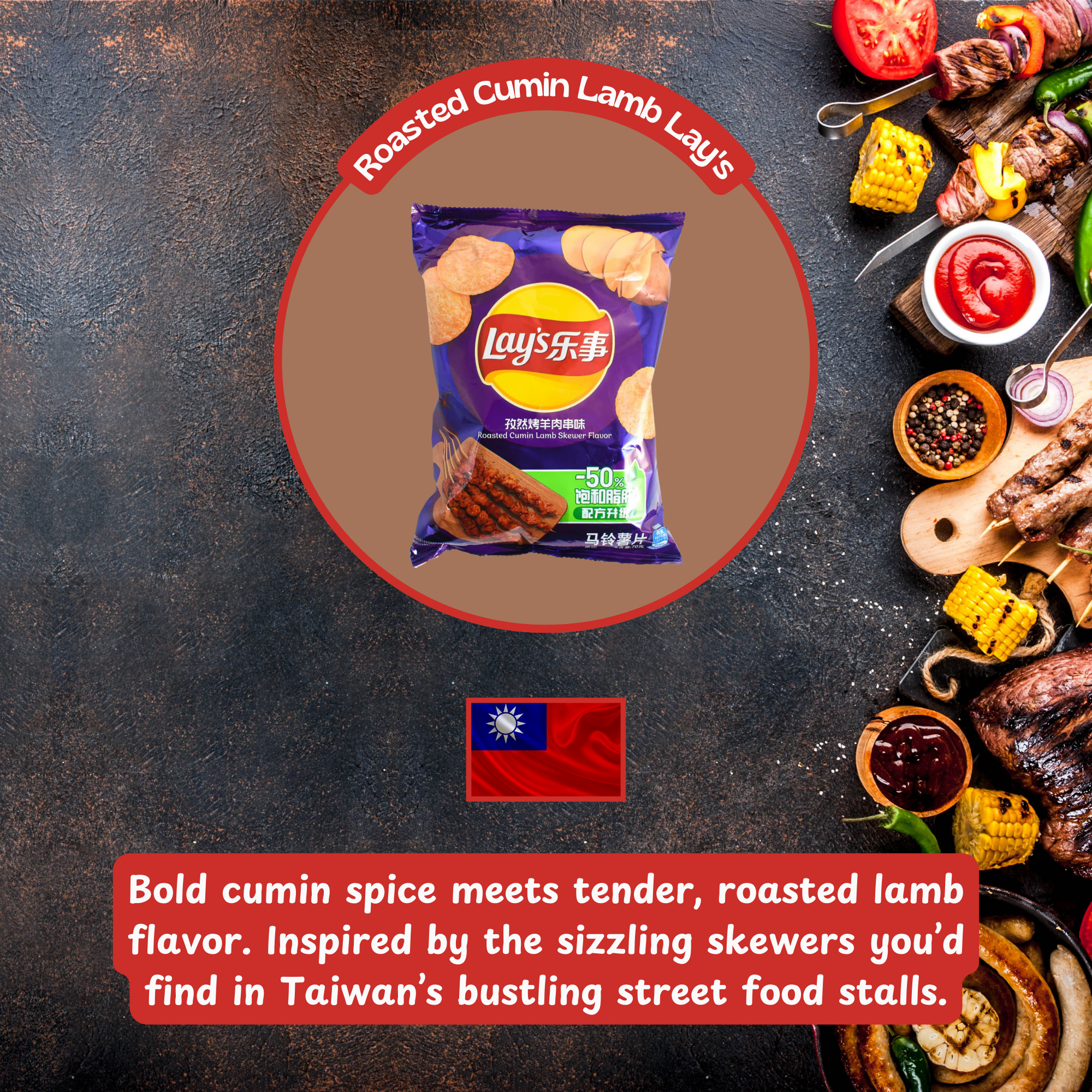 Purple Lay's bag featuring roasted cumin lamb flavor on a textured background. Nearby, grilled lamb skewers, corn, and seasonings evoke a street food vibe.