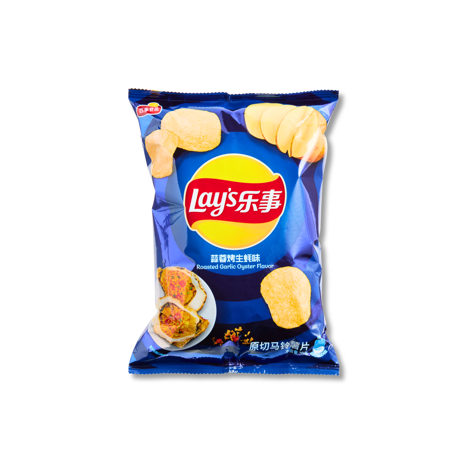 Product photo of Lay’s Roasted Garlic Oyster Flavor Chips from China, isolated on a clean white background for catalog use.