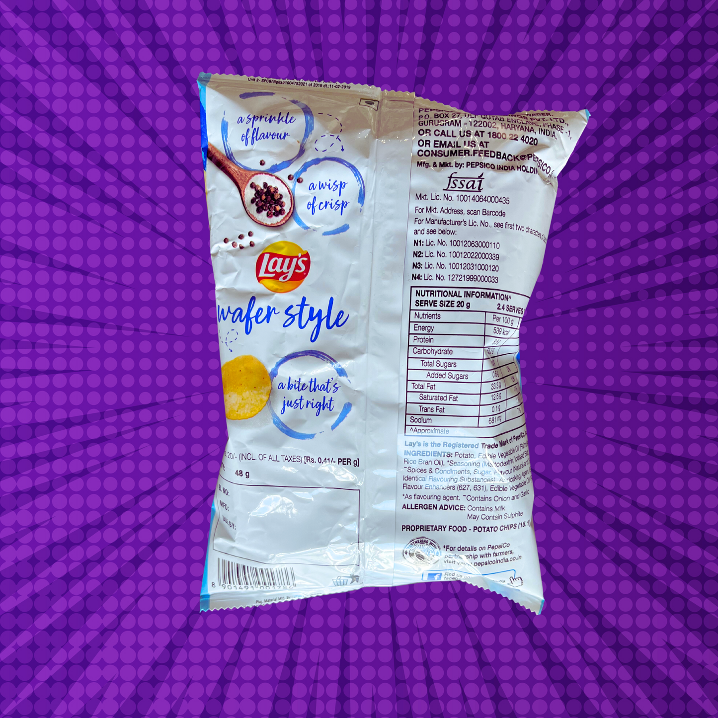 Lay's Salt and Pepper Chips, Wafer Style - Indian Lays (Back of Bag)