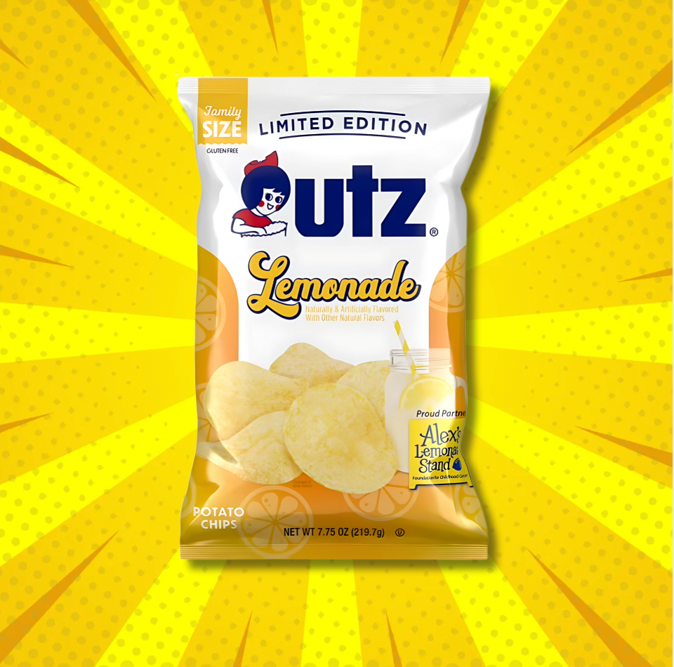 Front of Limited Edition Lemonade Chips bag with citrus-themed packaging design