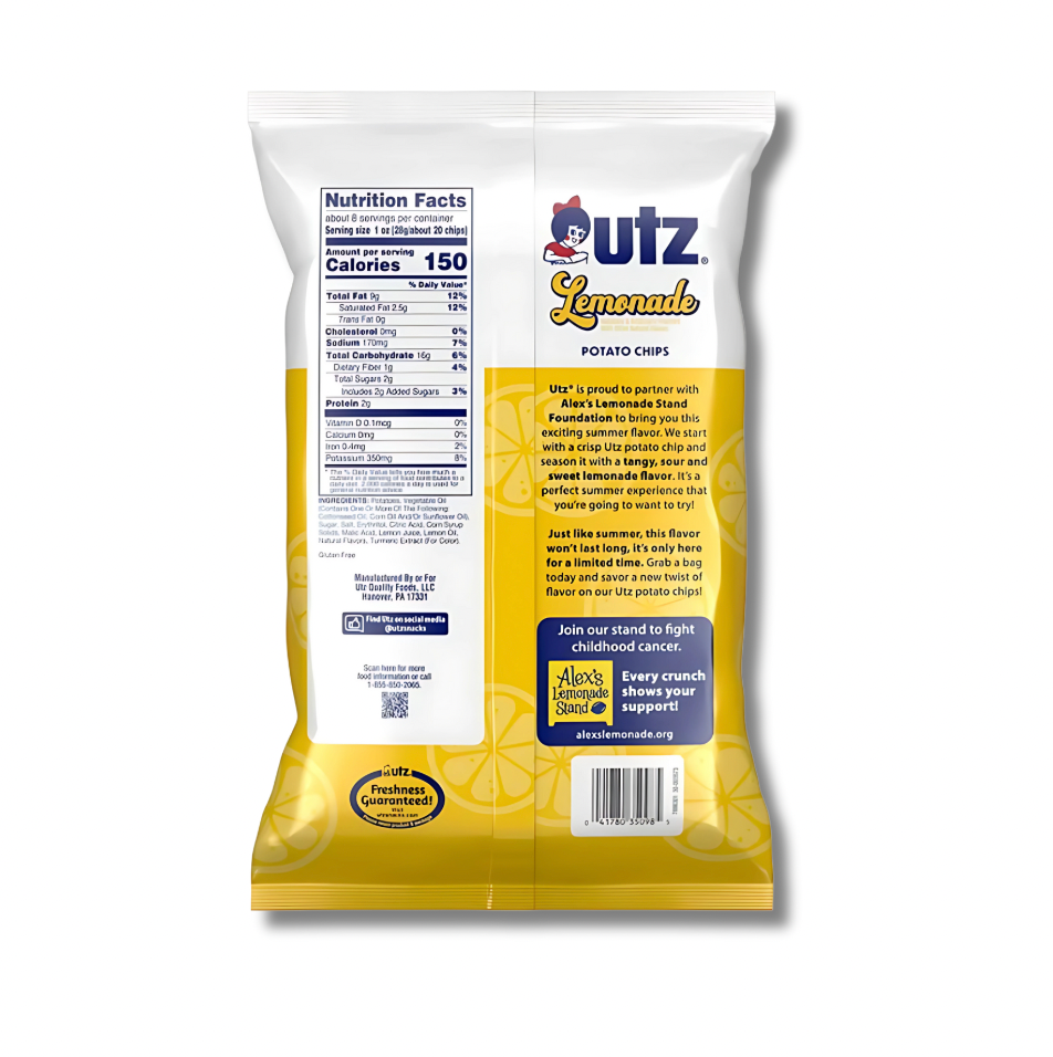 Back of Limited Edition Lemonade Chips bag with citrus-themed packaging design