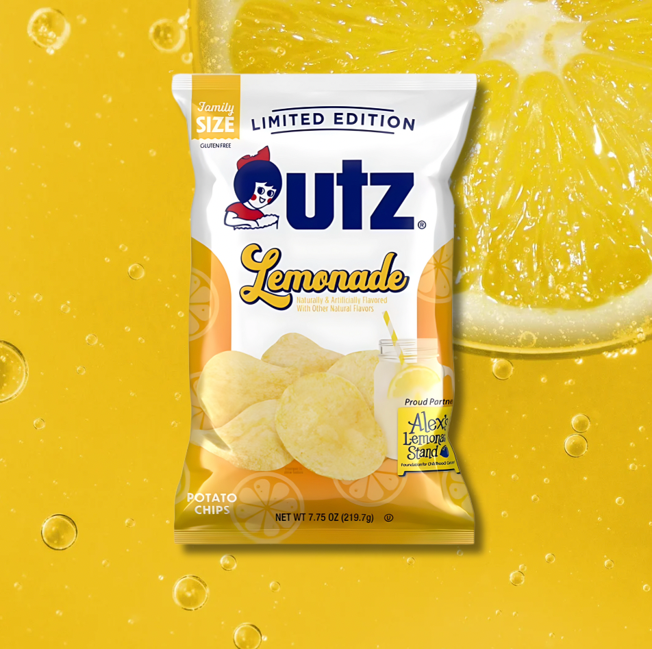 Tangy Lemonade UTZ Chip Bag against bold lemon yellow backdrop