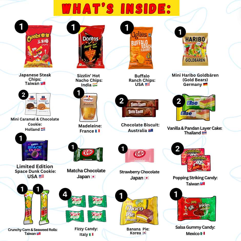 What's inside the 24-pack global snack box. 24 foreign snacks from all over the world.