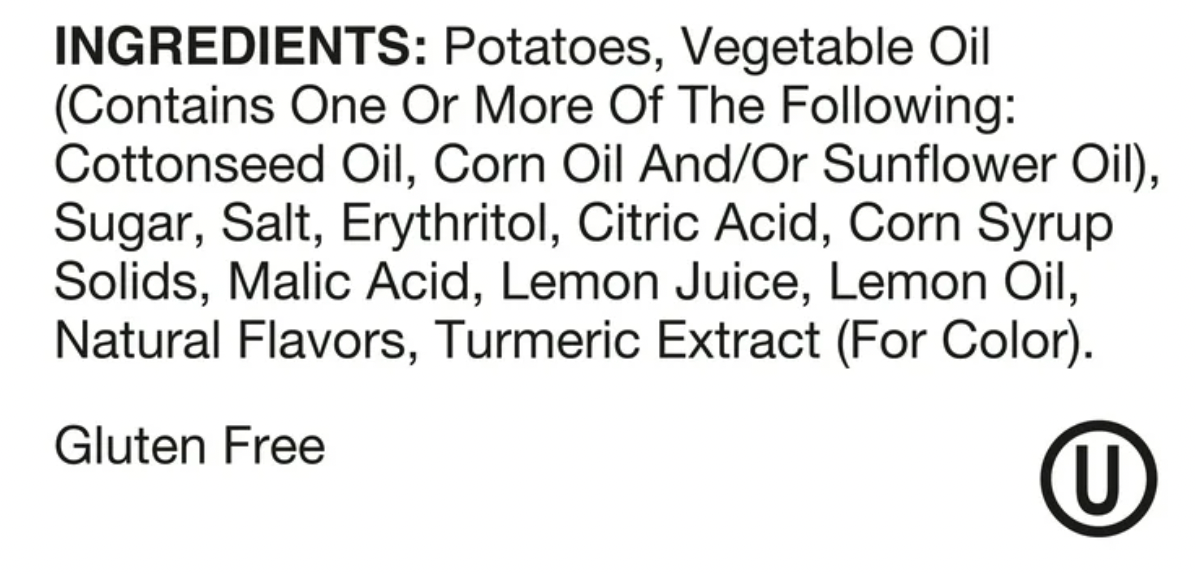 Ingredients list for Limited Edition UTZ Lemonade Chips snack