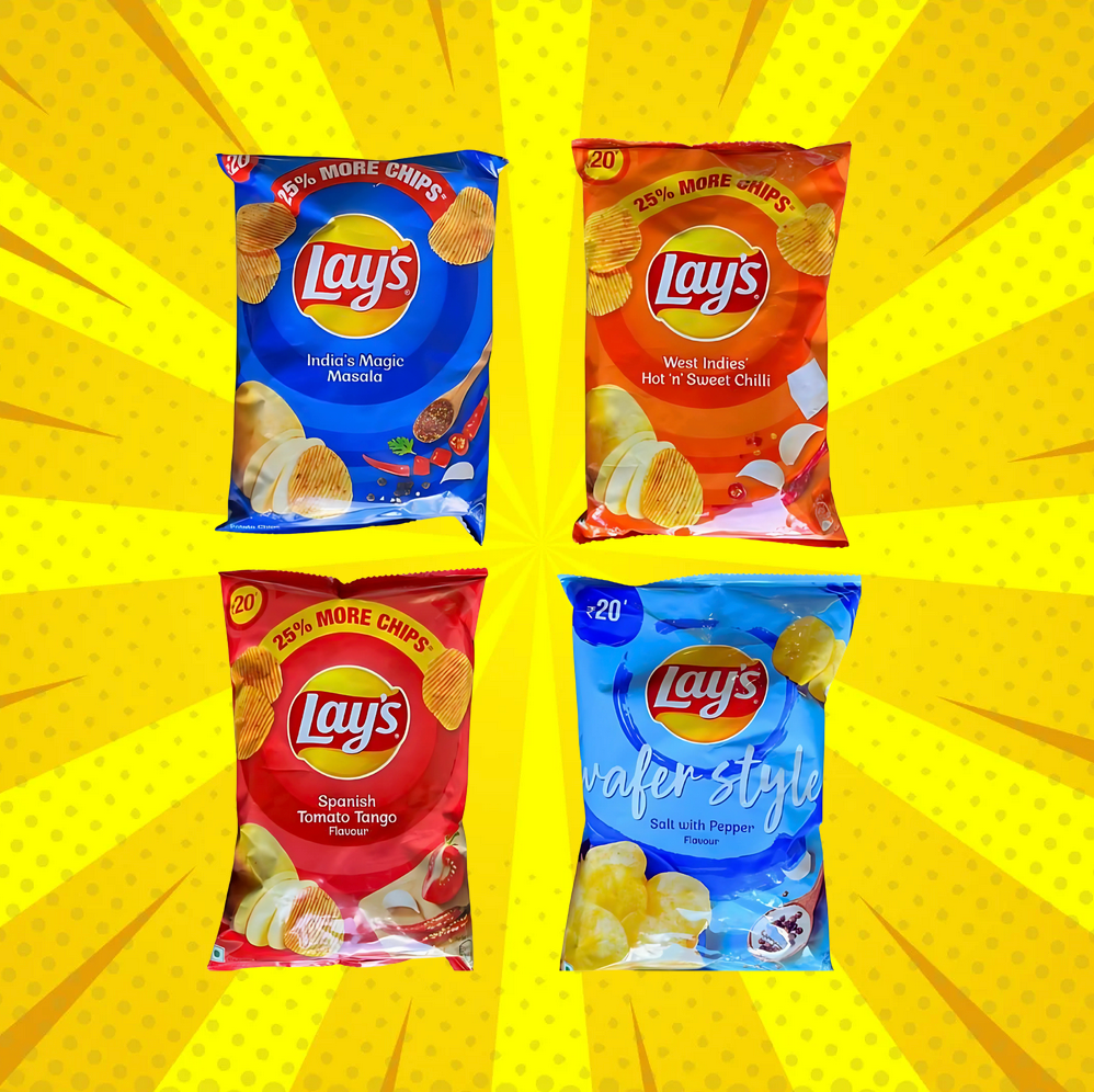 Four Lay’s India flavors displayed in a 2x2 grid: India’s Magic Masala, West Indies Hot & Sweet Chili, Spanish Tomato Tango, and American Style Cream & Onion chips.