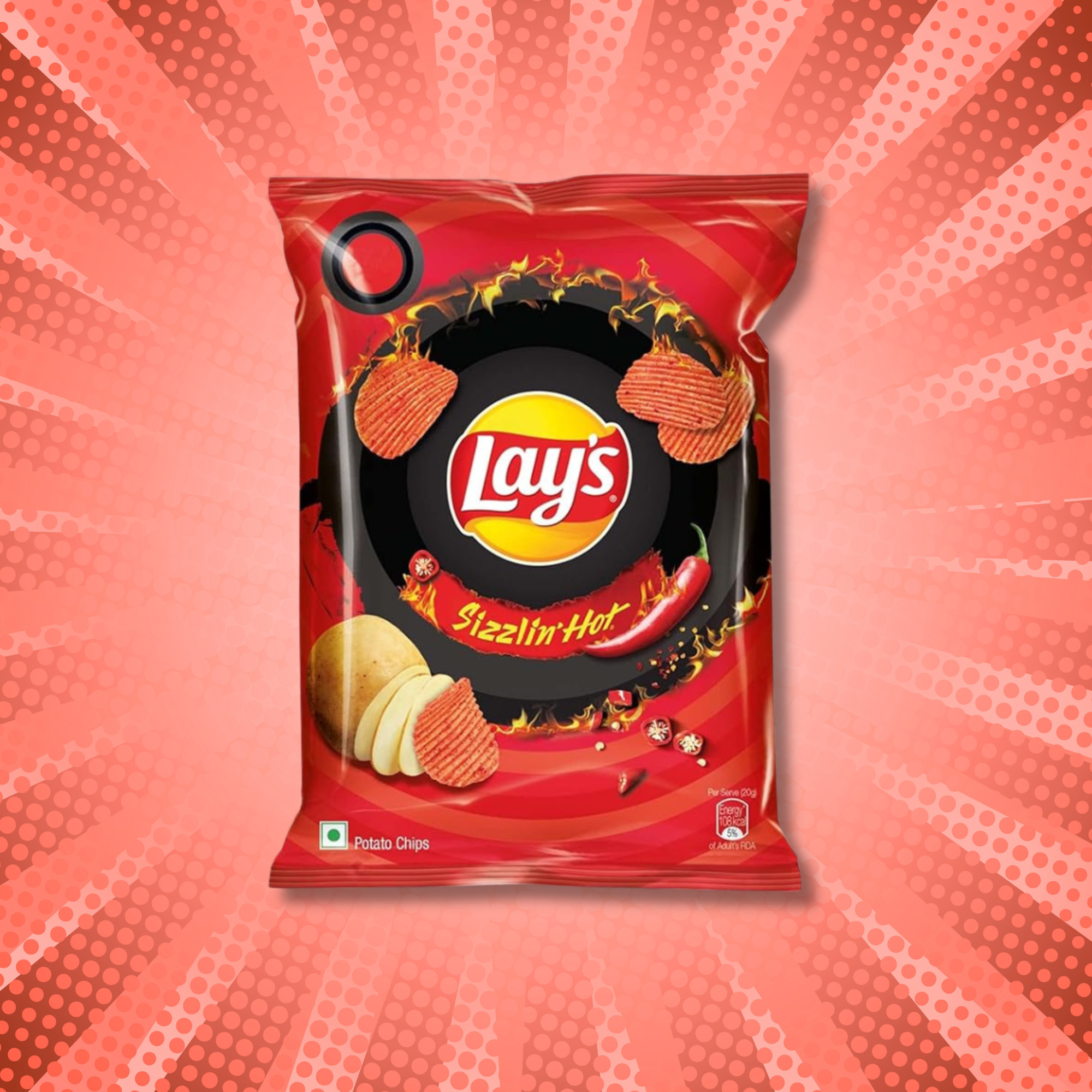 Lay’s Sizzlin’ Hot Chips with radiating red burst background