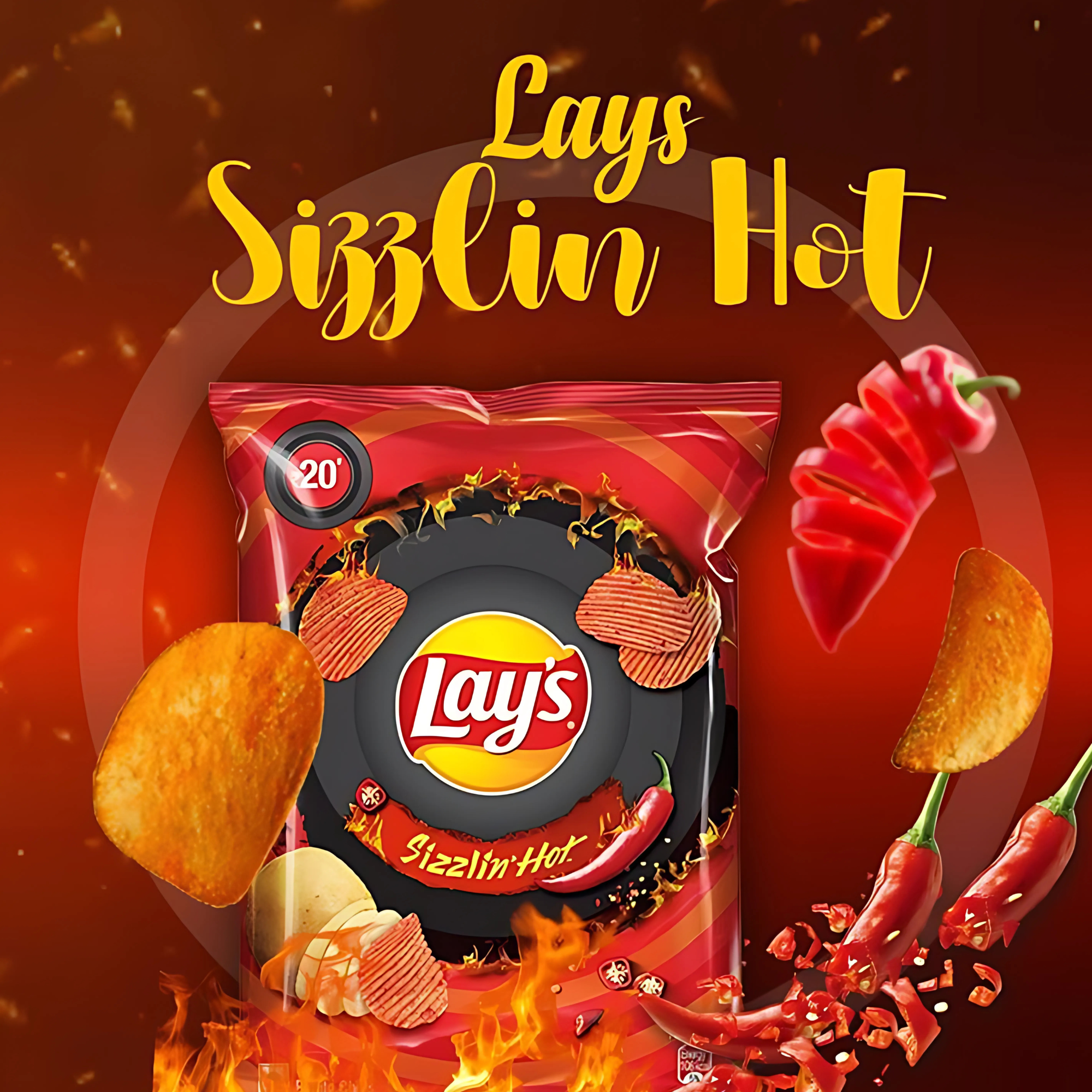 Lay’s Sizzlin’ Hot Chips surrounded by chili peppers, flames, and crispy chips