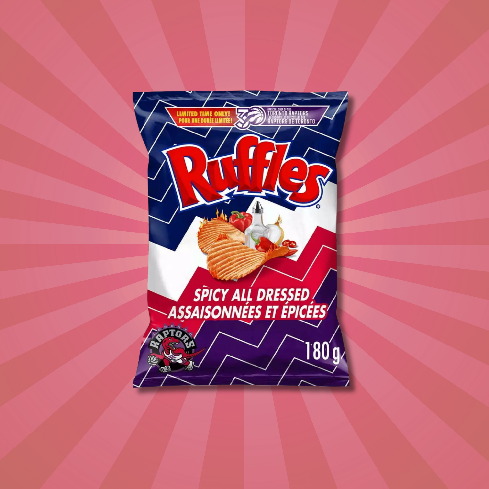 Bag of Ruffles Spicy All Dressed chips on a pink radial background.