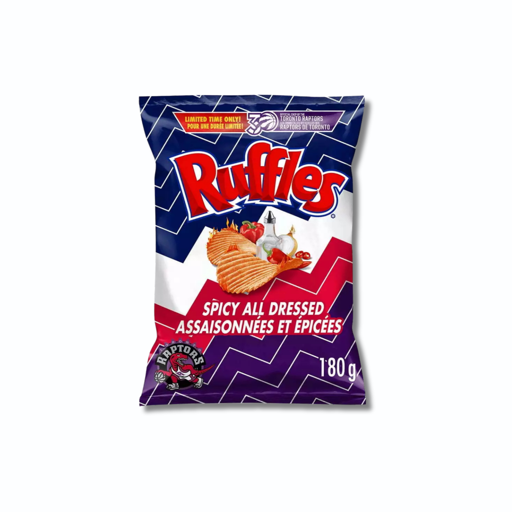 Bag of Ruffles Spicy All Dressed chips on a white background.