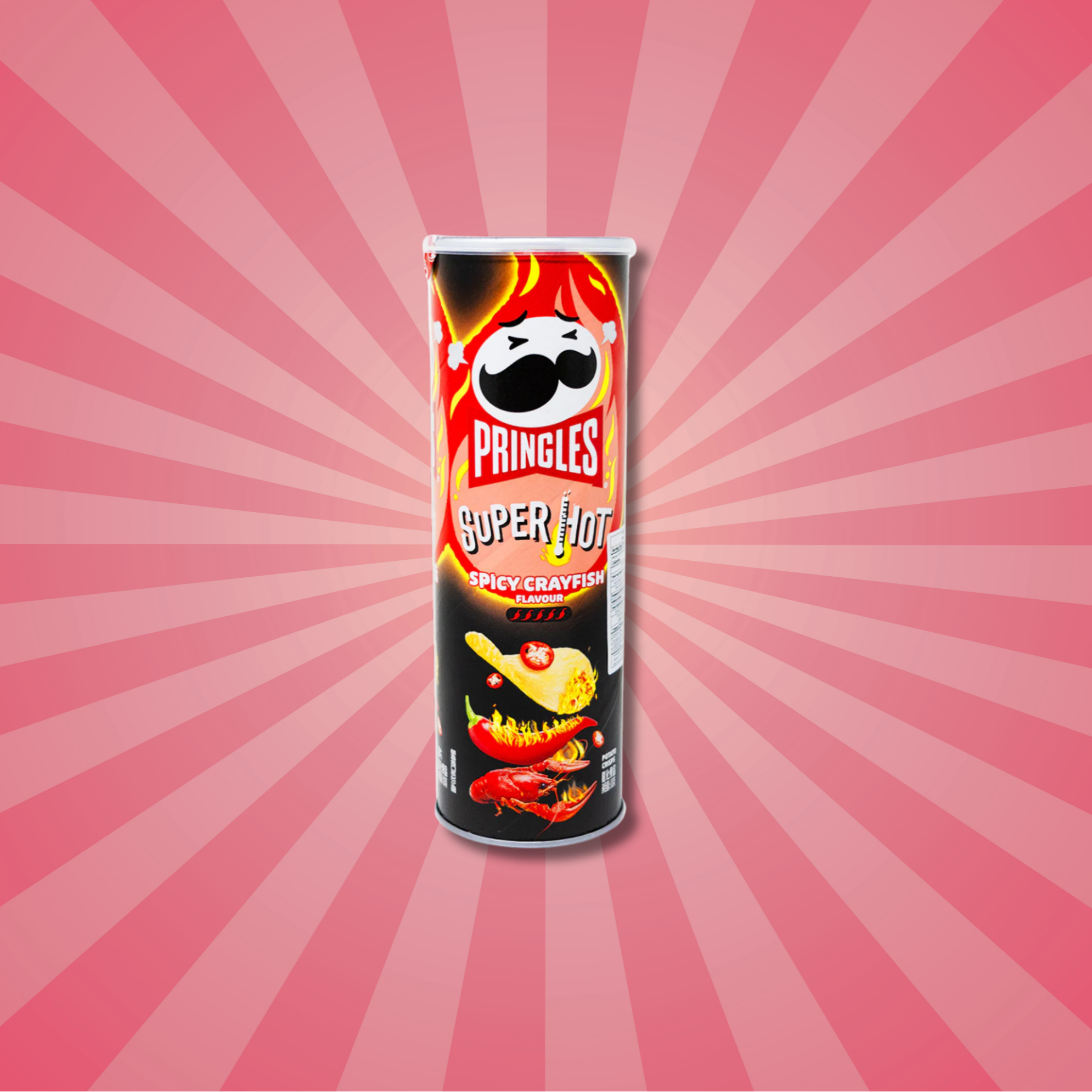 Pringles Super Hot Spicy Crayfish flavor can against a pink radial background. 