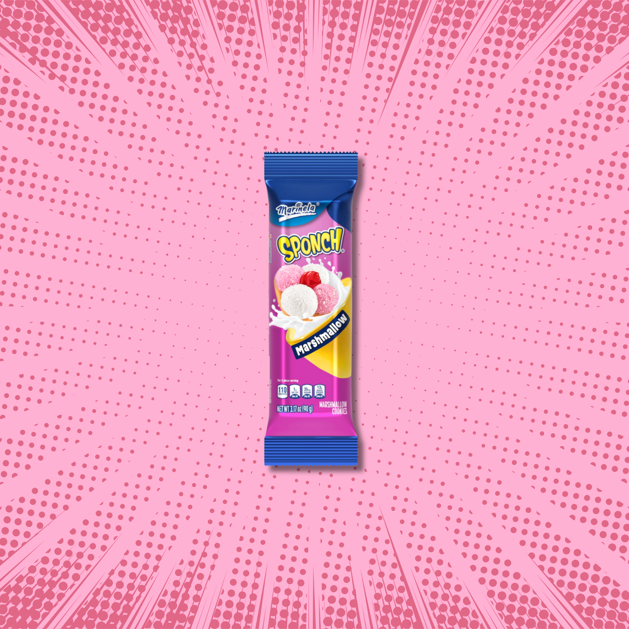 Bright pink starburst background with a single Marinela Sponch Marshmallow Cookie pack centered.
